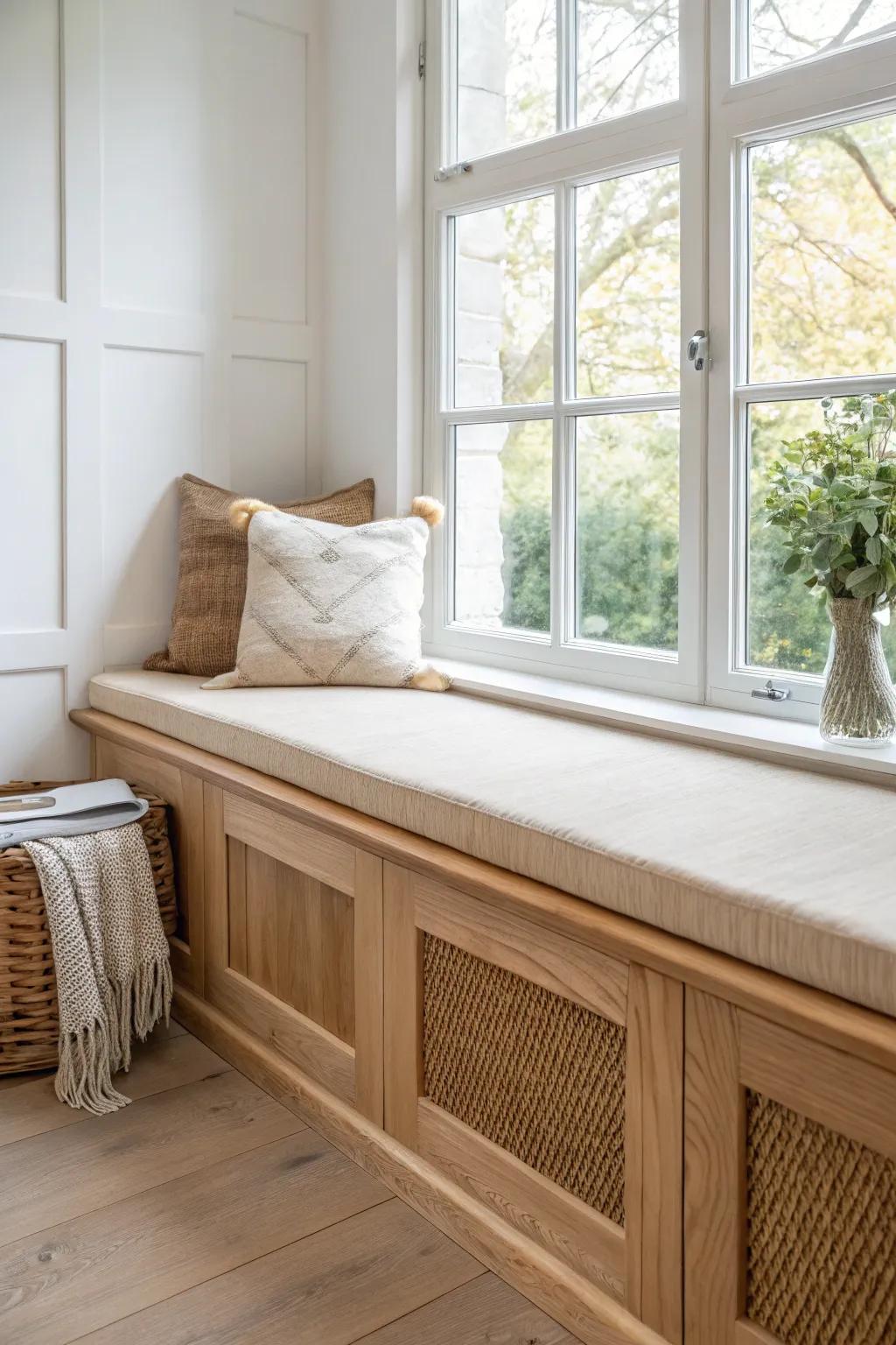 Under-window oak bench seating—clean lines, warm grain, and soft morning light for coffee.