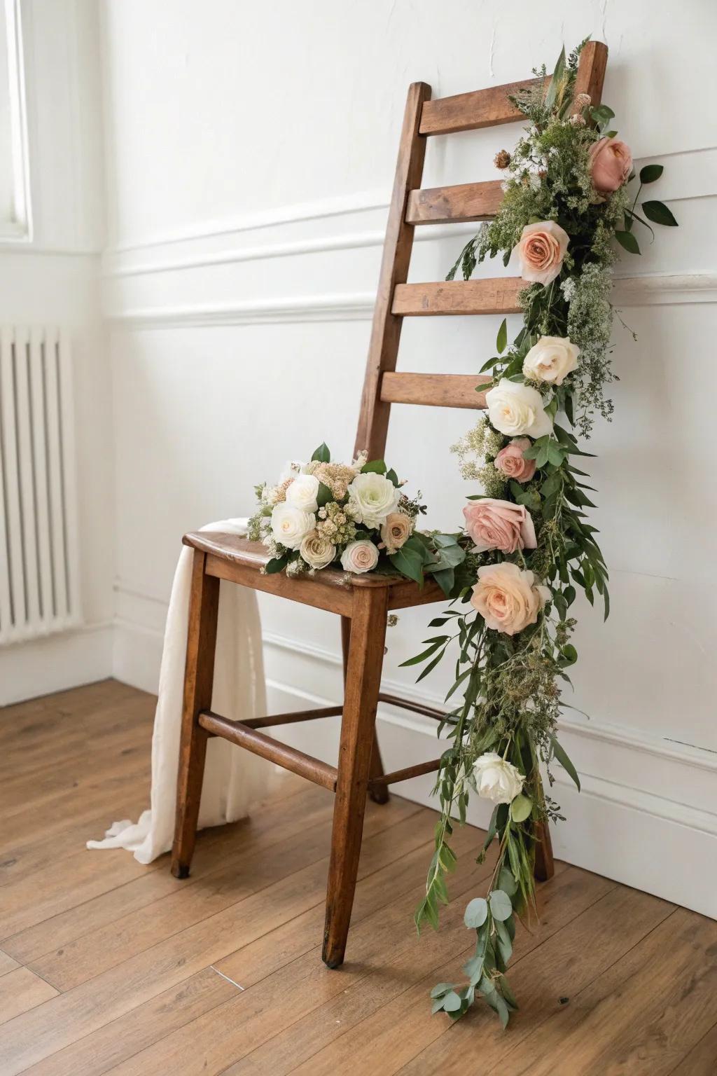 Walnut bridal shower chair with a cascading floral swag—minimal, romantic, and photo-ready all day.