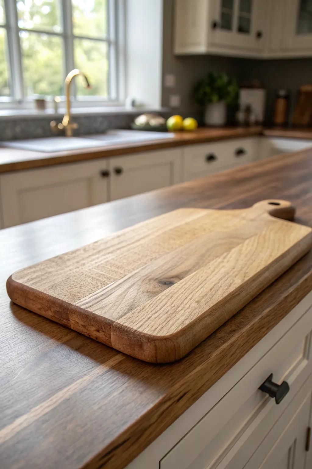 Two-tone cabinets balance a brown countertop—rich and warm on top, light and airy all around.