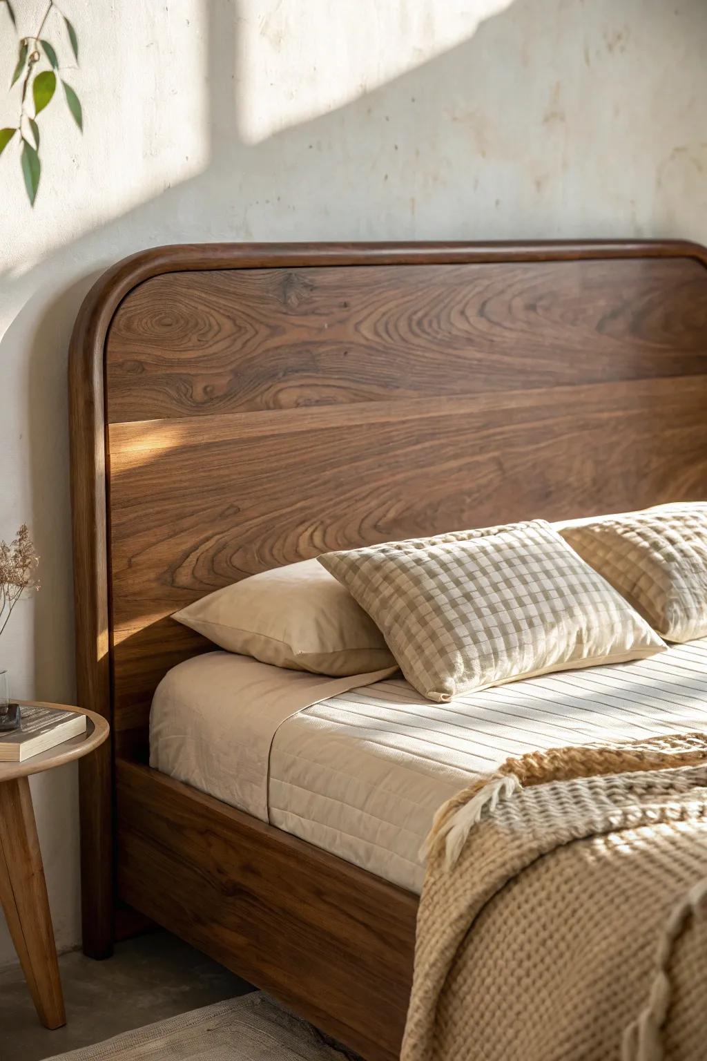 Cream and beige layers soften a bold brown headboard into a calm, inviting retreat.