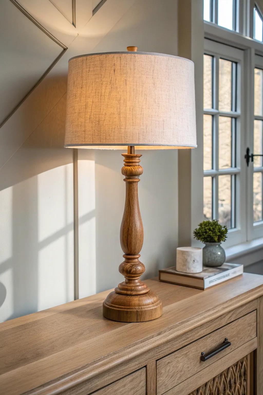 Frame your buffet with matching lamps—warm glow, clean symmetry, and natural oak texture.