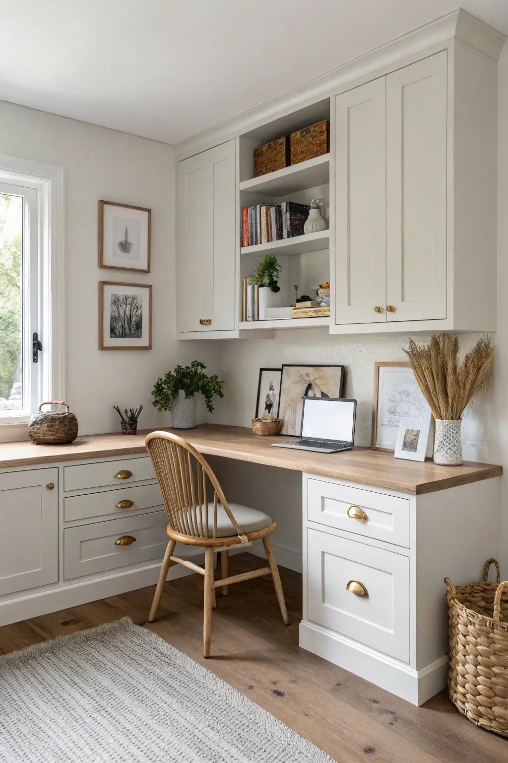 Two-tone built-in corner desk: painted base + warm reclaimed wood top for cozy contrast.