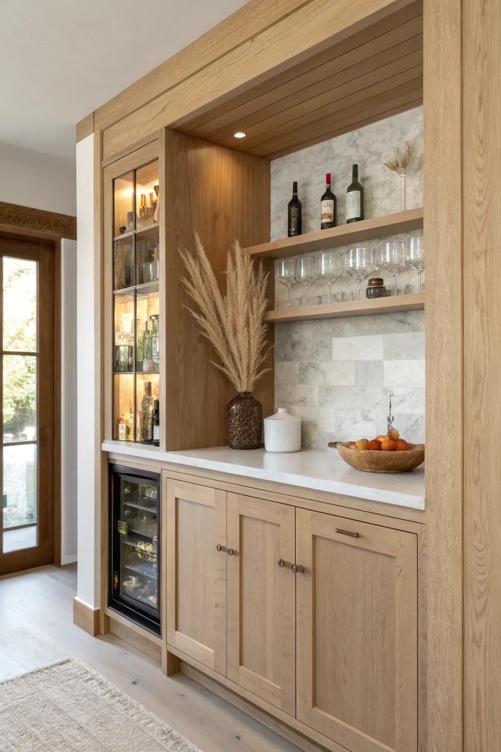 Recessed alcove dry bar: a slim built-in counter and shelves with seamless, scribed oak trim.