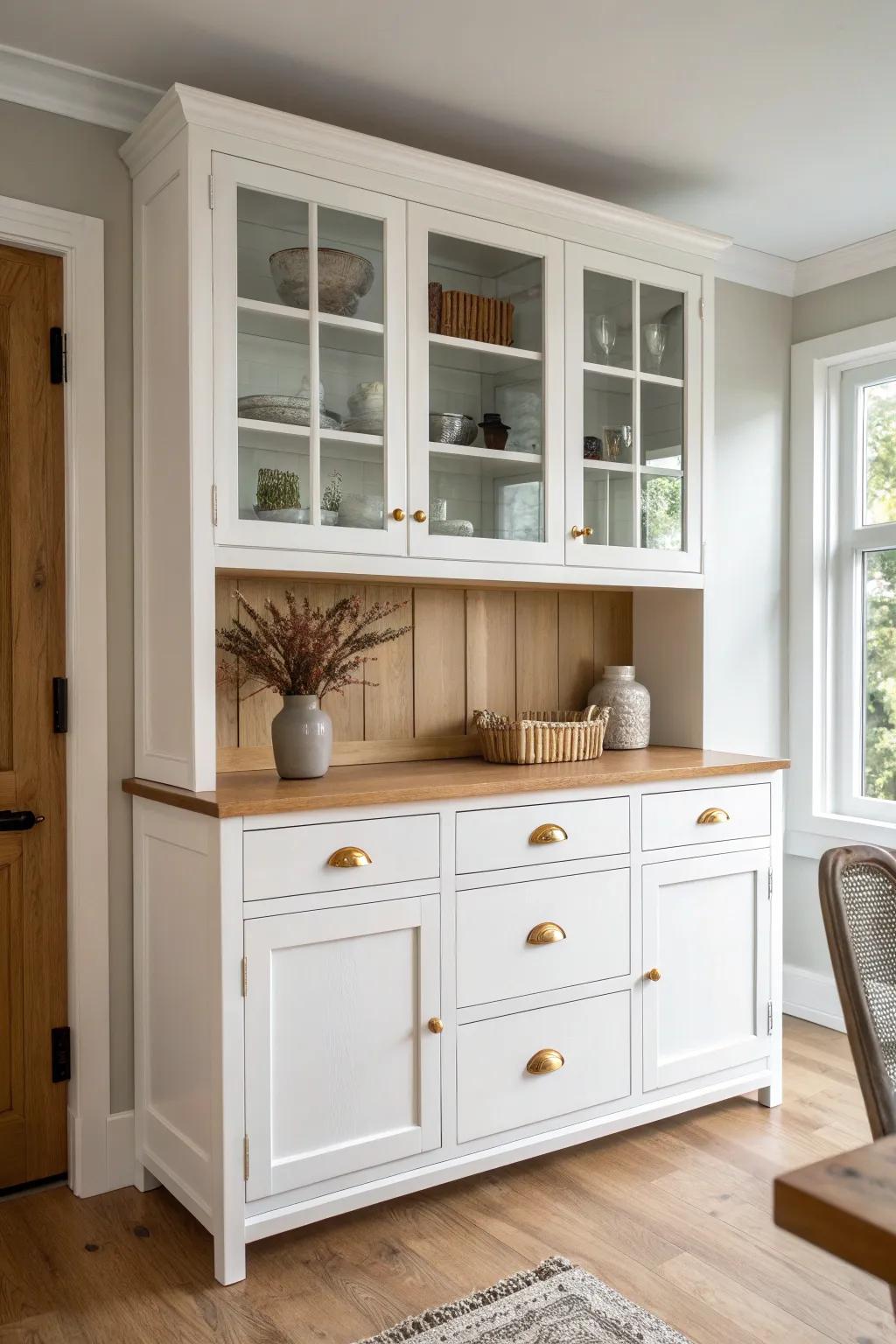 A warm oak countertop break makes this built-in hutch feel like a true buffet piece.