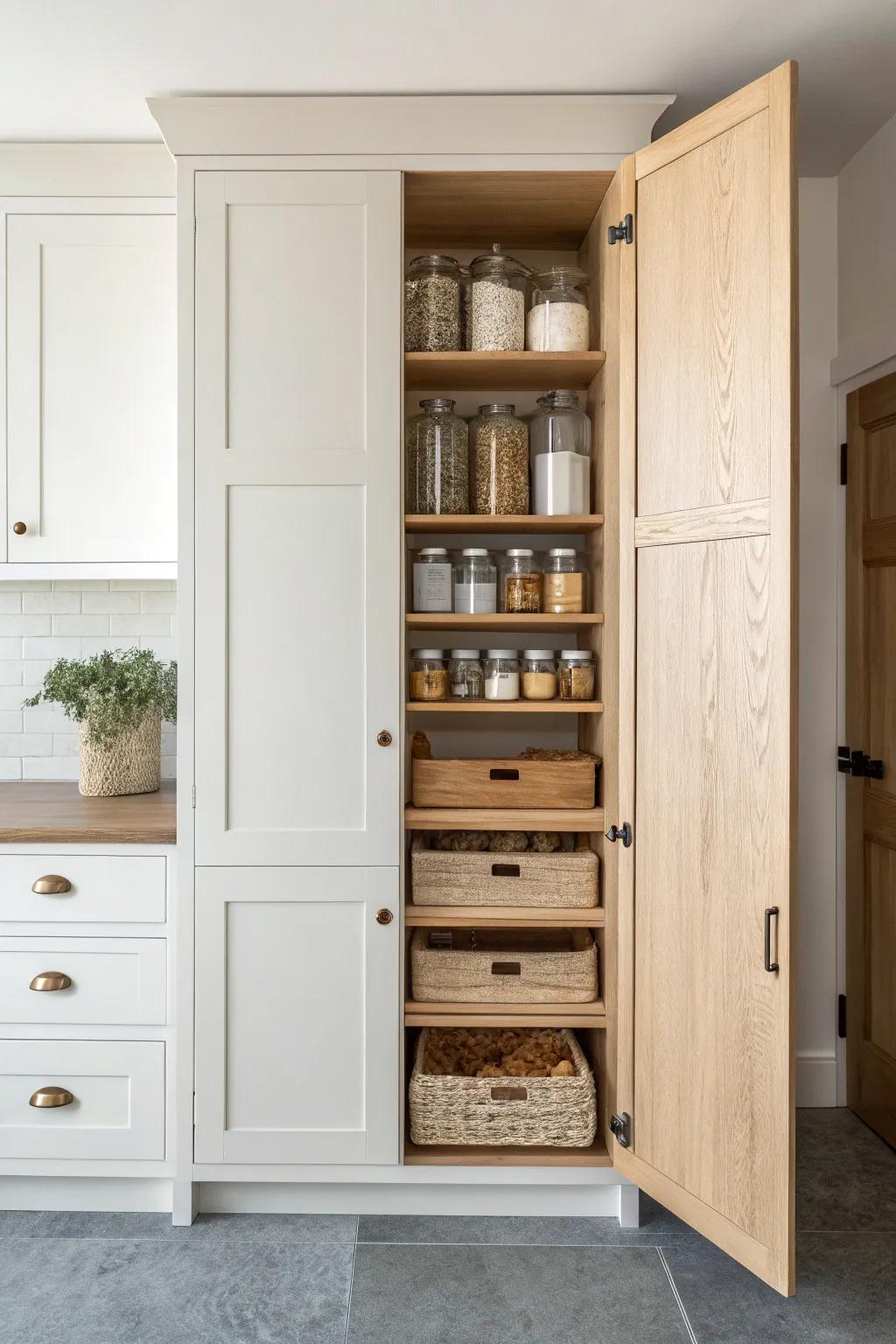 Roll-out pantry drawers put everything in view—no more forgotten flour hiding behind the cans.