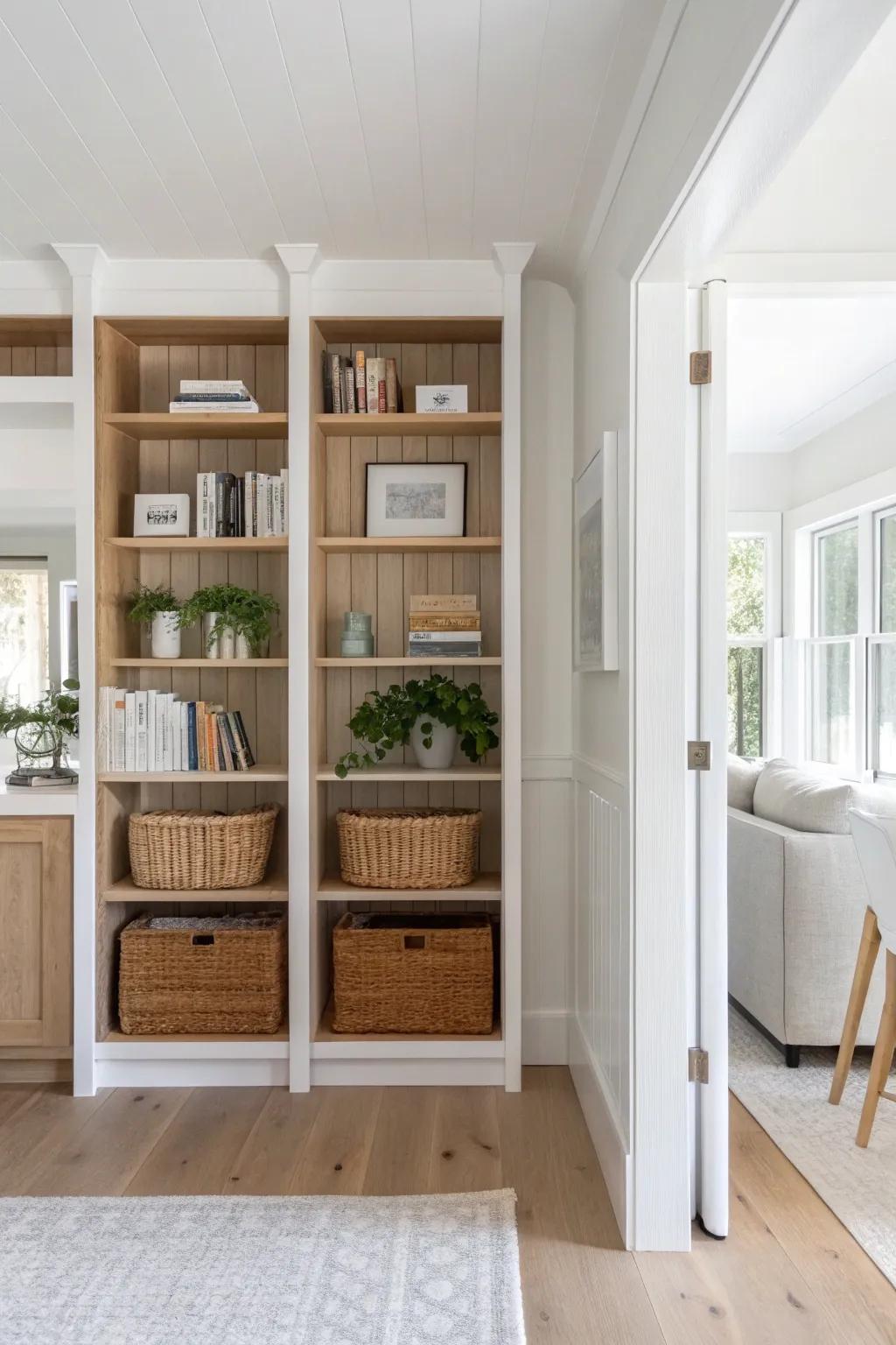 A two-sided built-in bookcase divider in light oak—airy separation with storage and style.