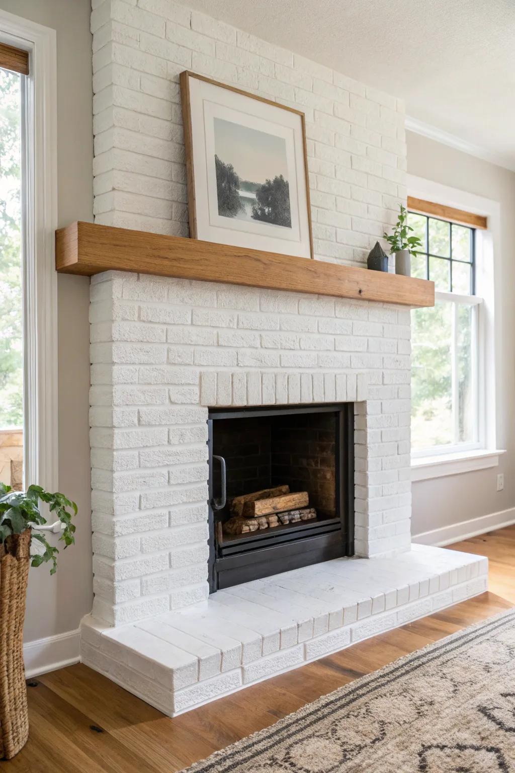 Whitewashed brick + a warm oak mantel: the bright, rustic fireplace glow bungalows love.