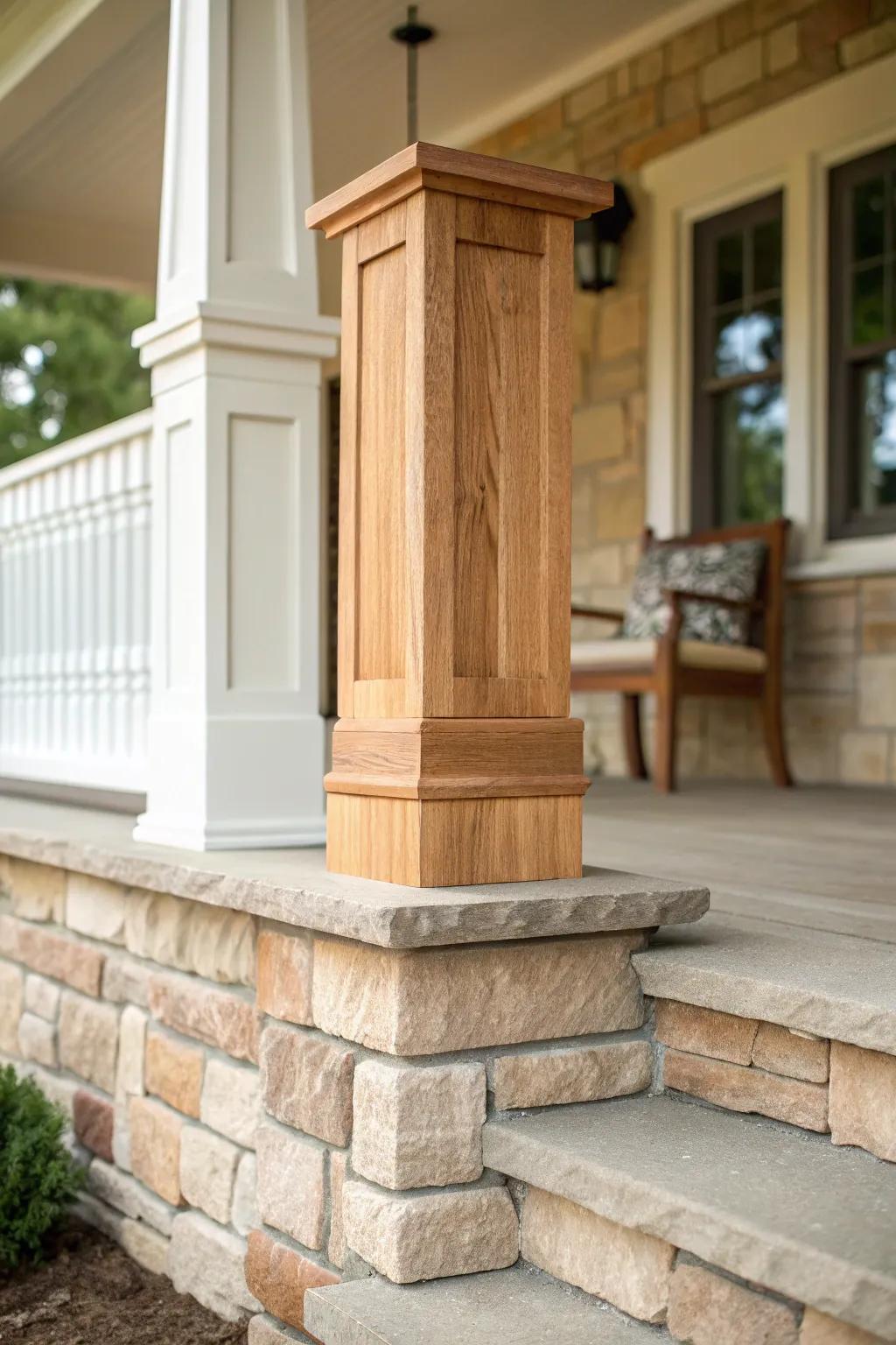 Tapered wood column on a chunky pier—instant Craftsman bungalow charm with clean, warm contrast.