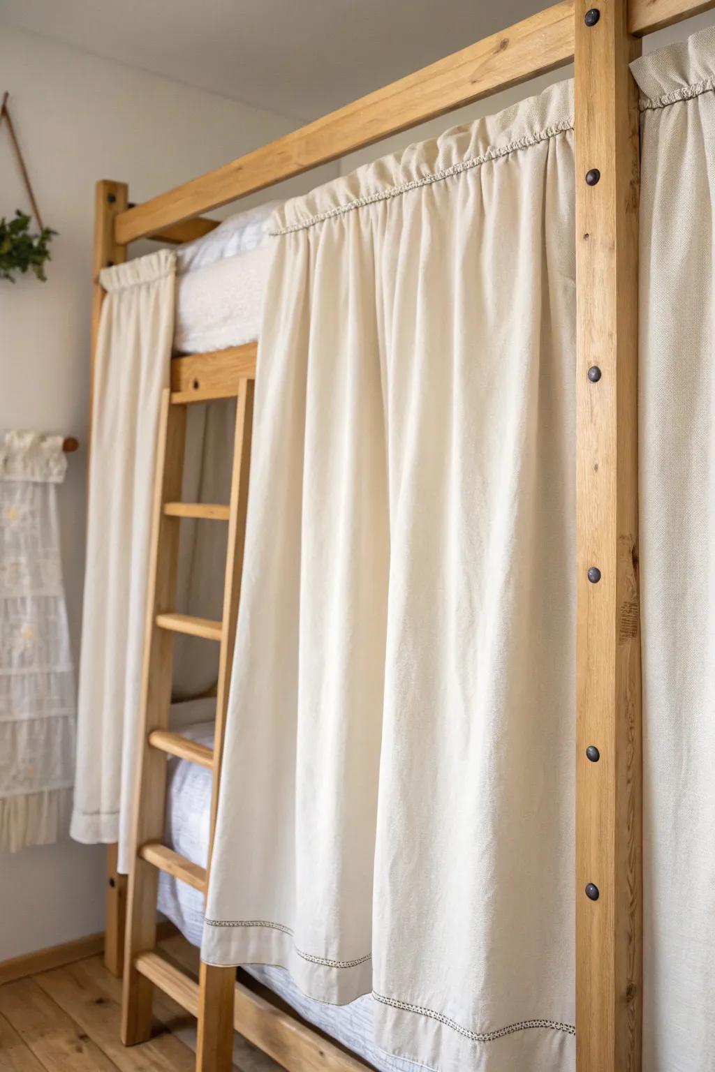 Thrifted linen turned into a clean rod-pocket curtain panel for a cozy bunk bed fort.