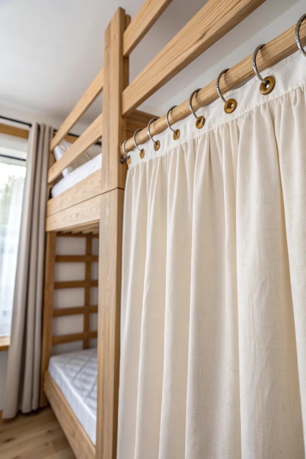 A slim curtain track under the top bunk creates easy, snag-free privacy with soft linen.