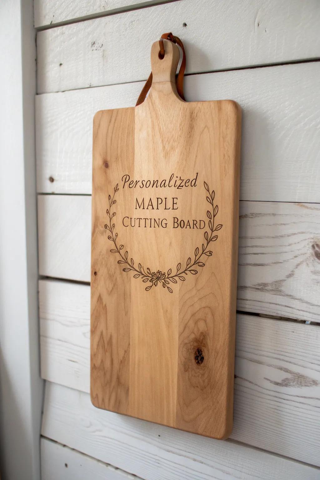 Turn a plain board into art: a hand-burned wreath and initials for cozy kitchen decor.