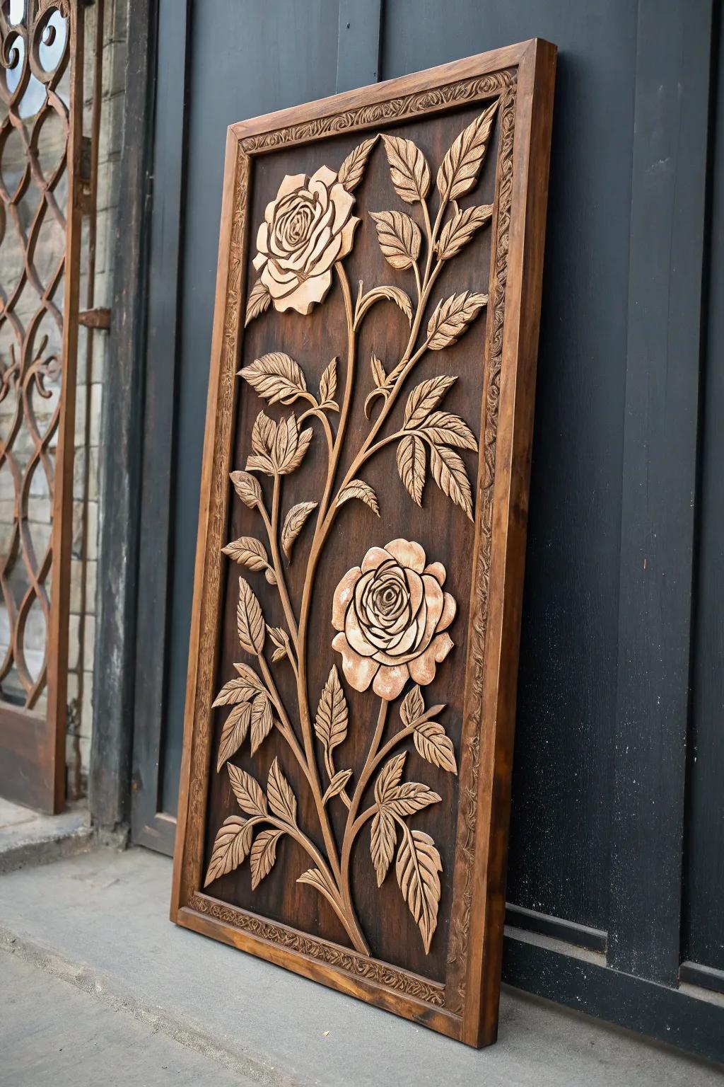 Elegance etched in wood: Discover the beauty of floral designs in burnt wood craftsmanship.