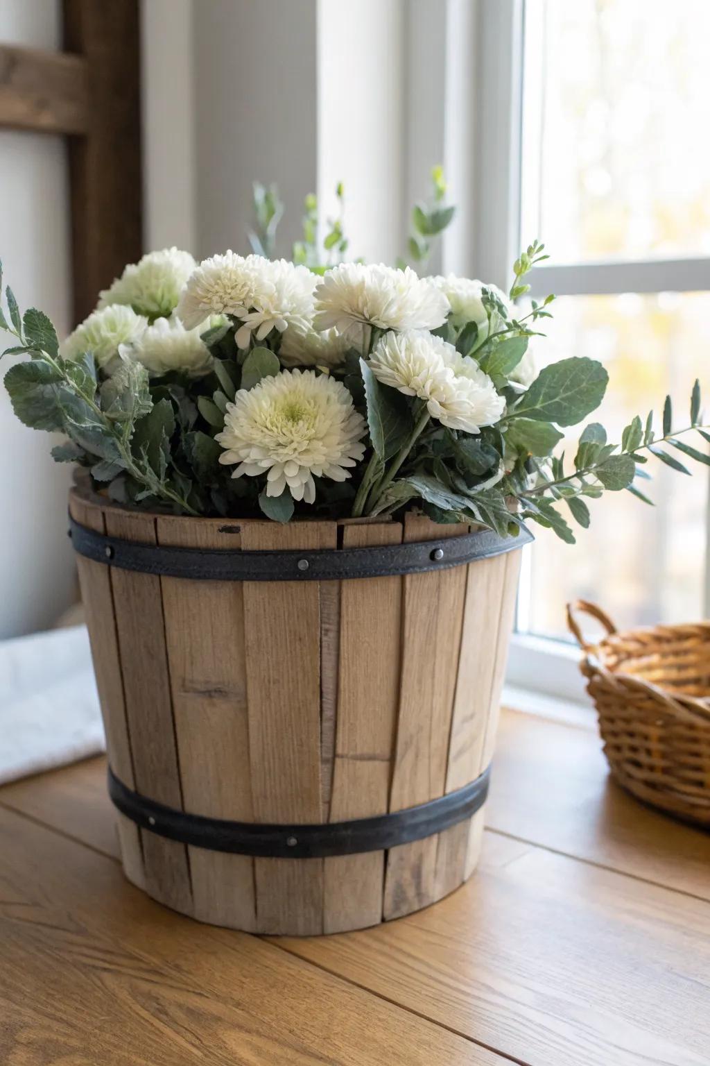Bushel basket planter with creamy mums and greens—simple, cozy, and beautifully handcrafted.
