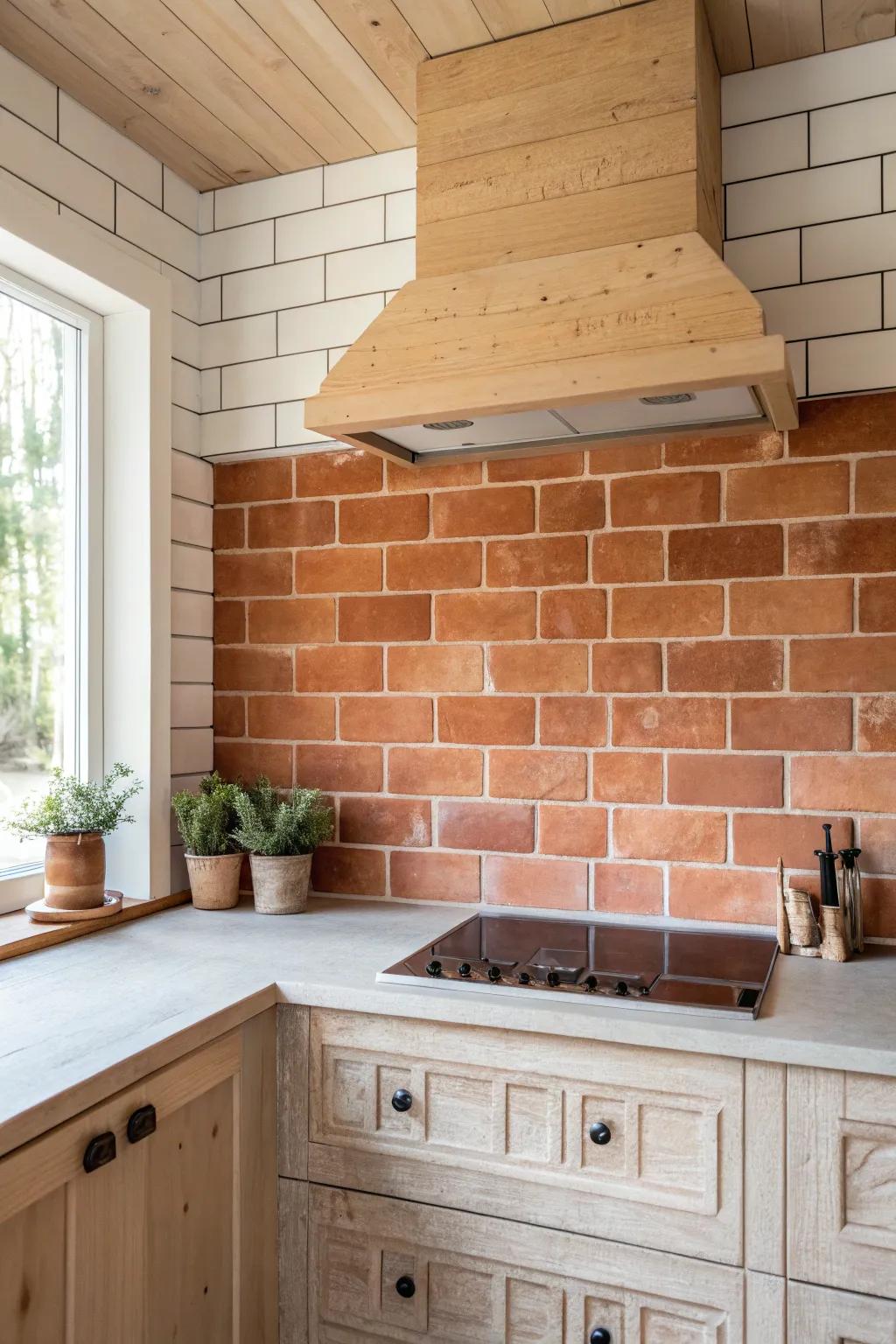 Classic brick backsplash with a soft mortar wash—cozy hearth charm, bright against wood.