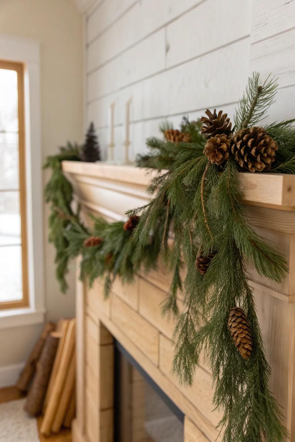 An asymmetrical pine garland with foraged pinecones—simple, foresty, and effortlessly cozy.