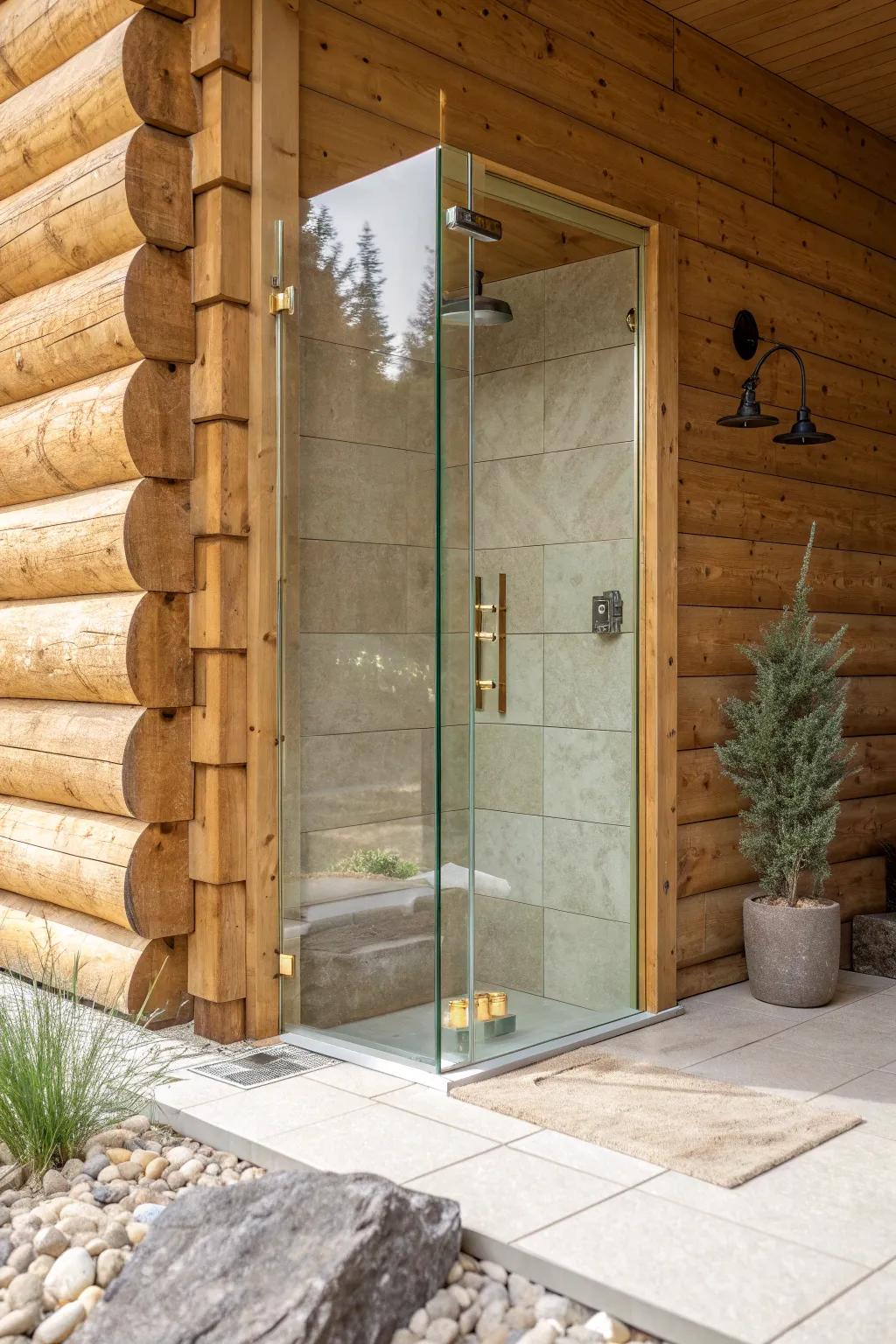 Frameless glass keeps cabin showers airy, letting warm log walls and tilework shine through.