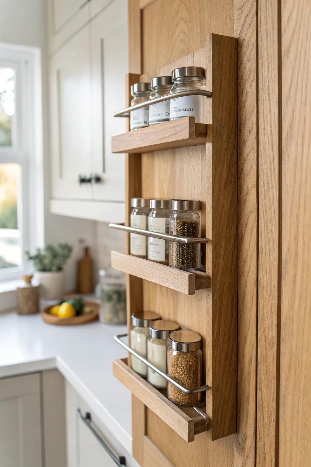 Shallow rail spice racks keep jars secure—an elegant pantry door upgrade in light oak.