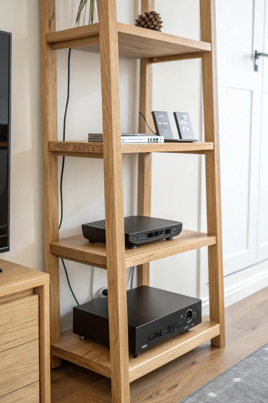Slim double-tier oak shelf stacks cable box + streamer vertically for a clean, crafted look.