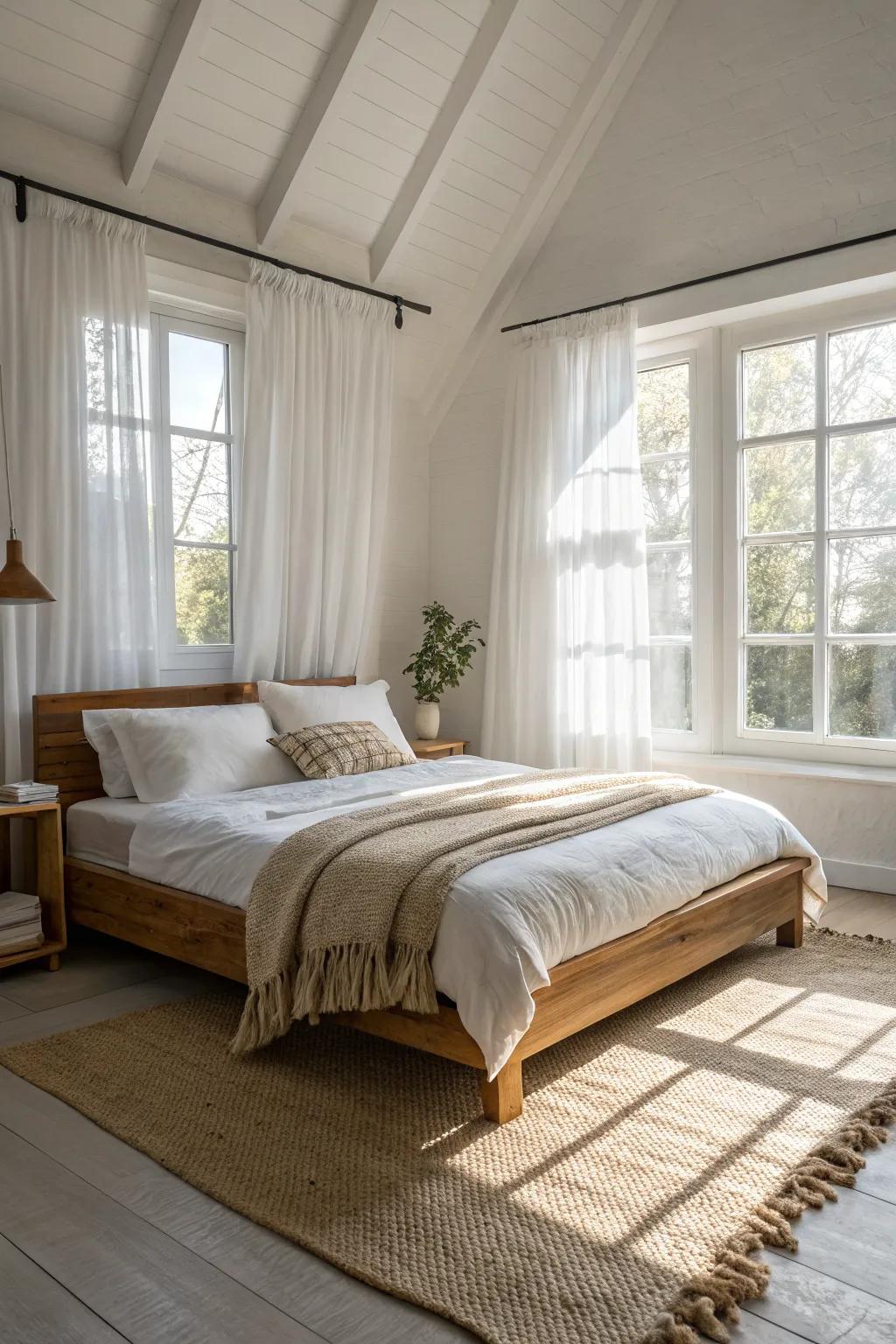 Let two windows frame a caddy corner bed—airy light, clean lines, and warm oak craftsmanship.