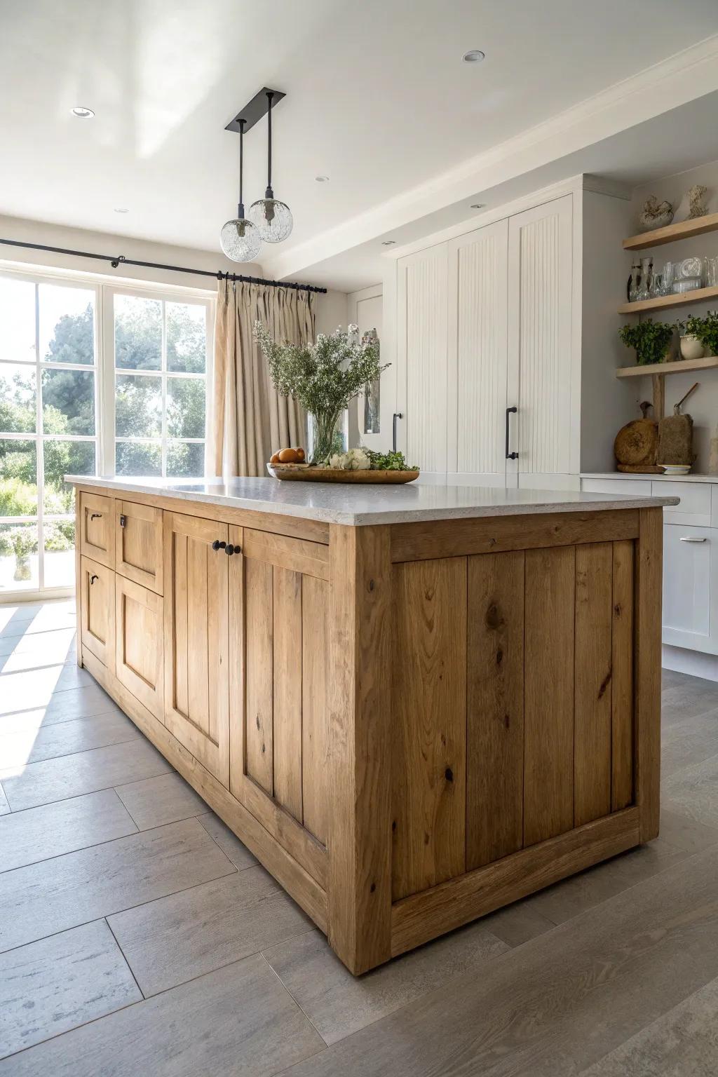 A natural wood island anchors the California kitchen—warm grain, light top, effortless balance.