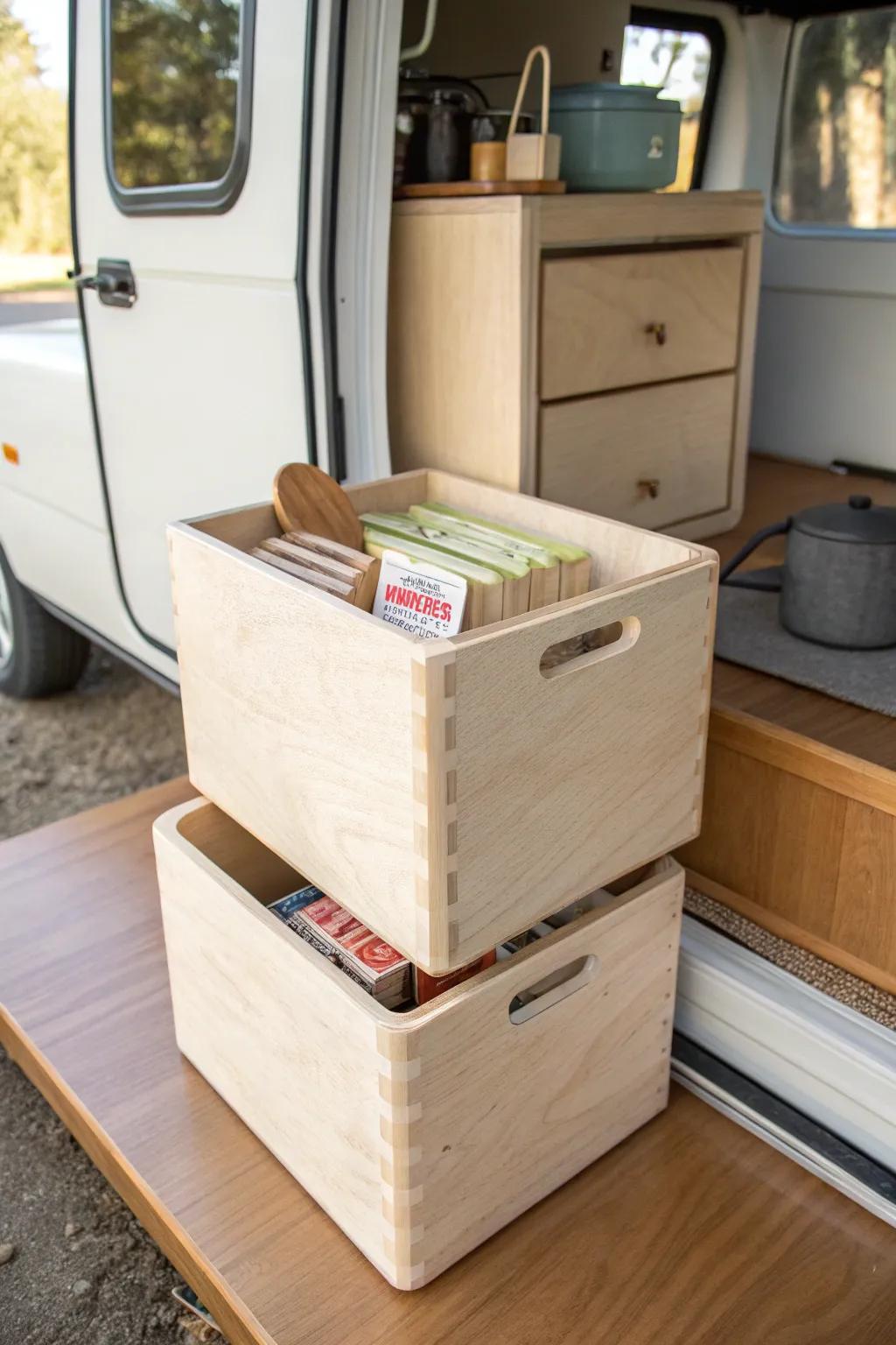 Stackable lidded bins keep camper cabinets calm—grab one category and stop the avalanche.