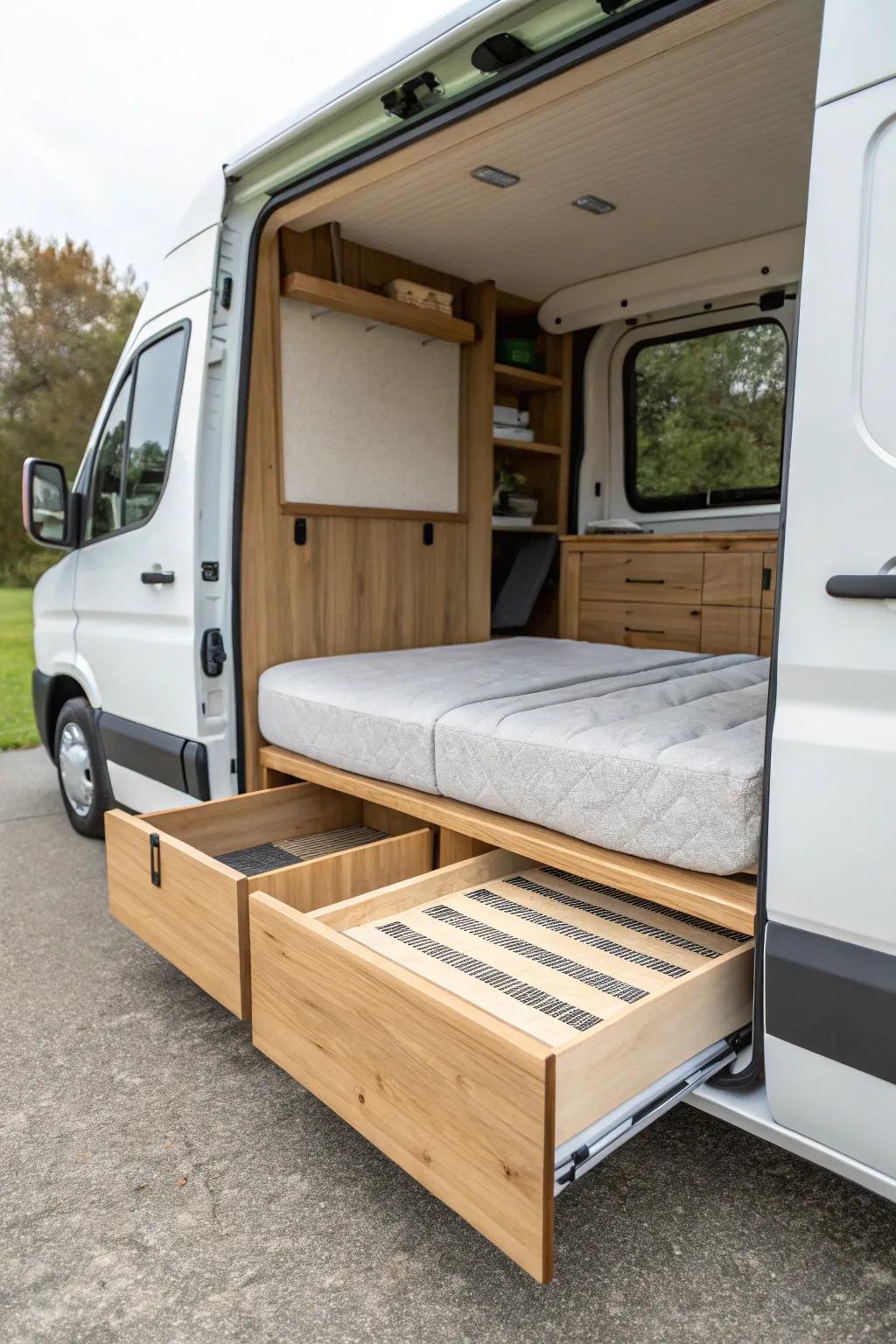 Pull-out slat bed magic: sleek sofa by day, cozy wooden platform bed by night.