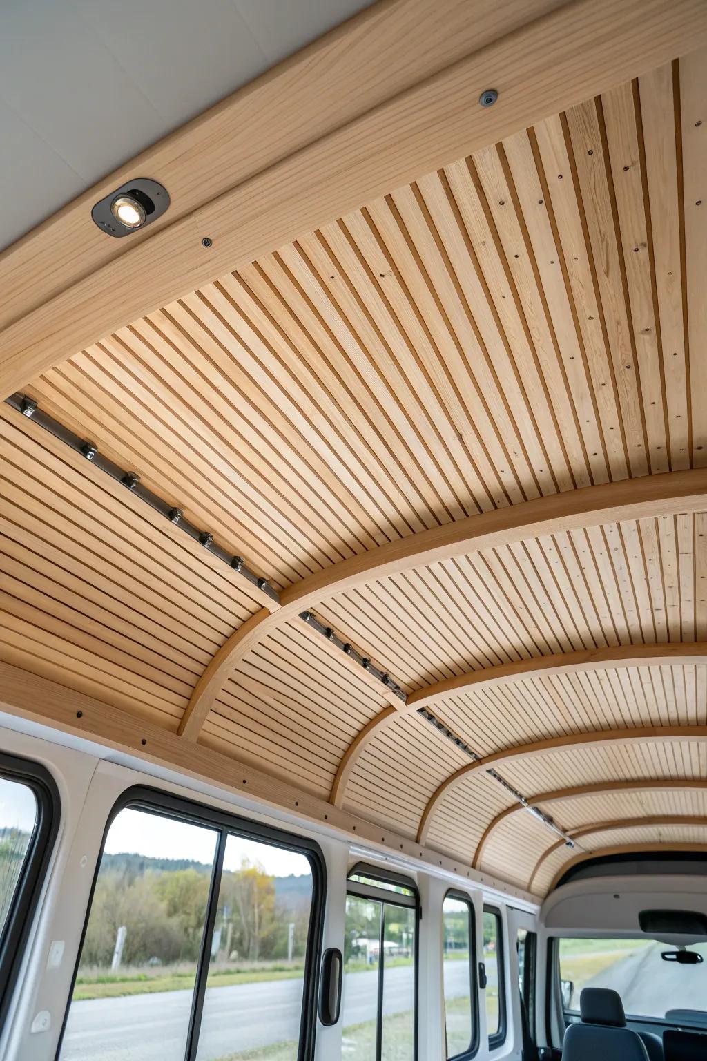 Curved wood slat ceiling that follows the van roof—clean gaps, warm oak, and airy height.
