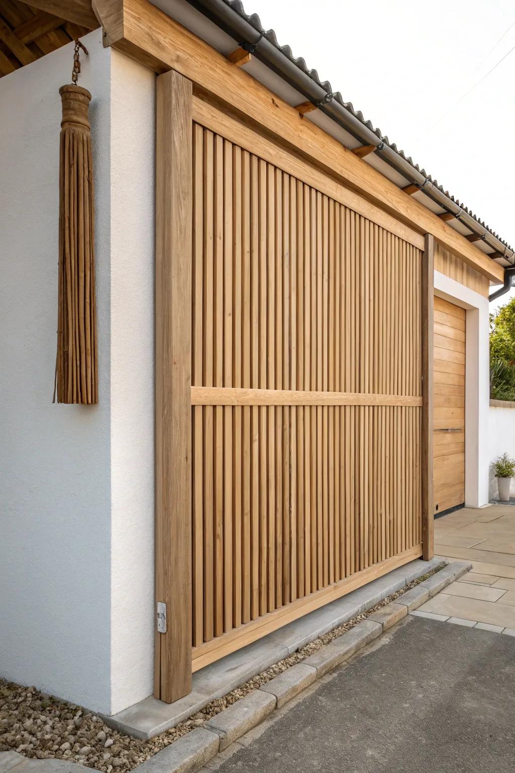 Tight-gap slatted windbreak wall: clean lines, warm wood, and calmer carport days.