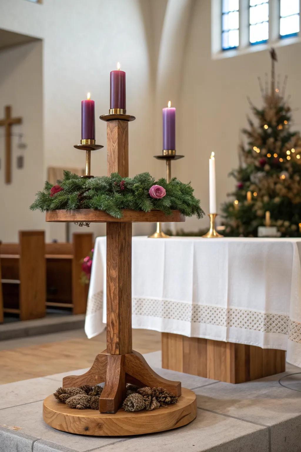 Raised pine wreath stand lifts Advent candles into view—simple, sturdy, quietly rustic.