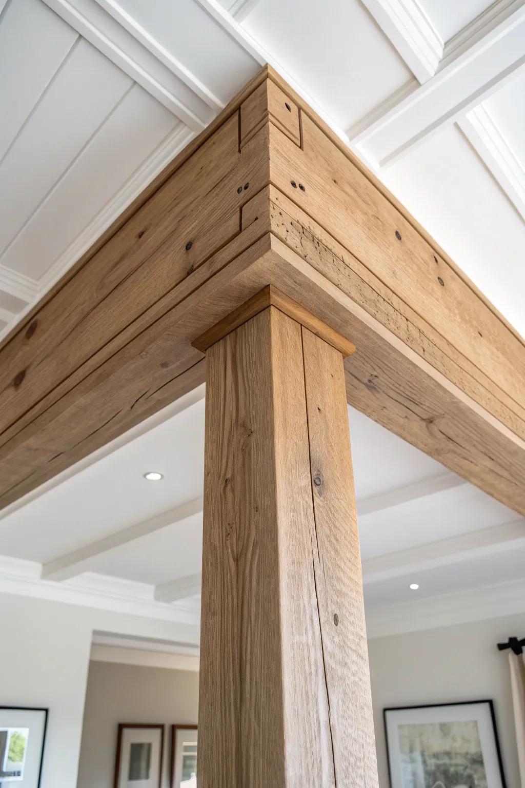 A reclaimed-wood box beam makes the ceiling step feel intentional, refined, and architectural.