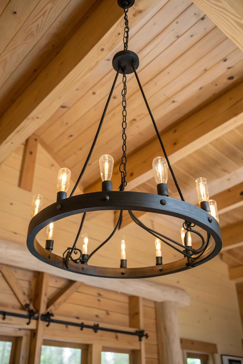 Bold wrought-iron ring chandelier with warm bulbs to make log-beam ceilings glow.
