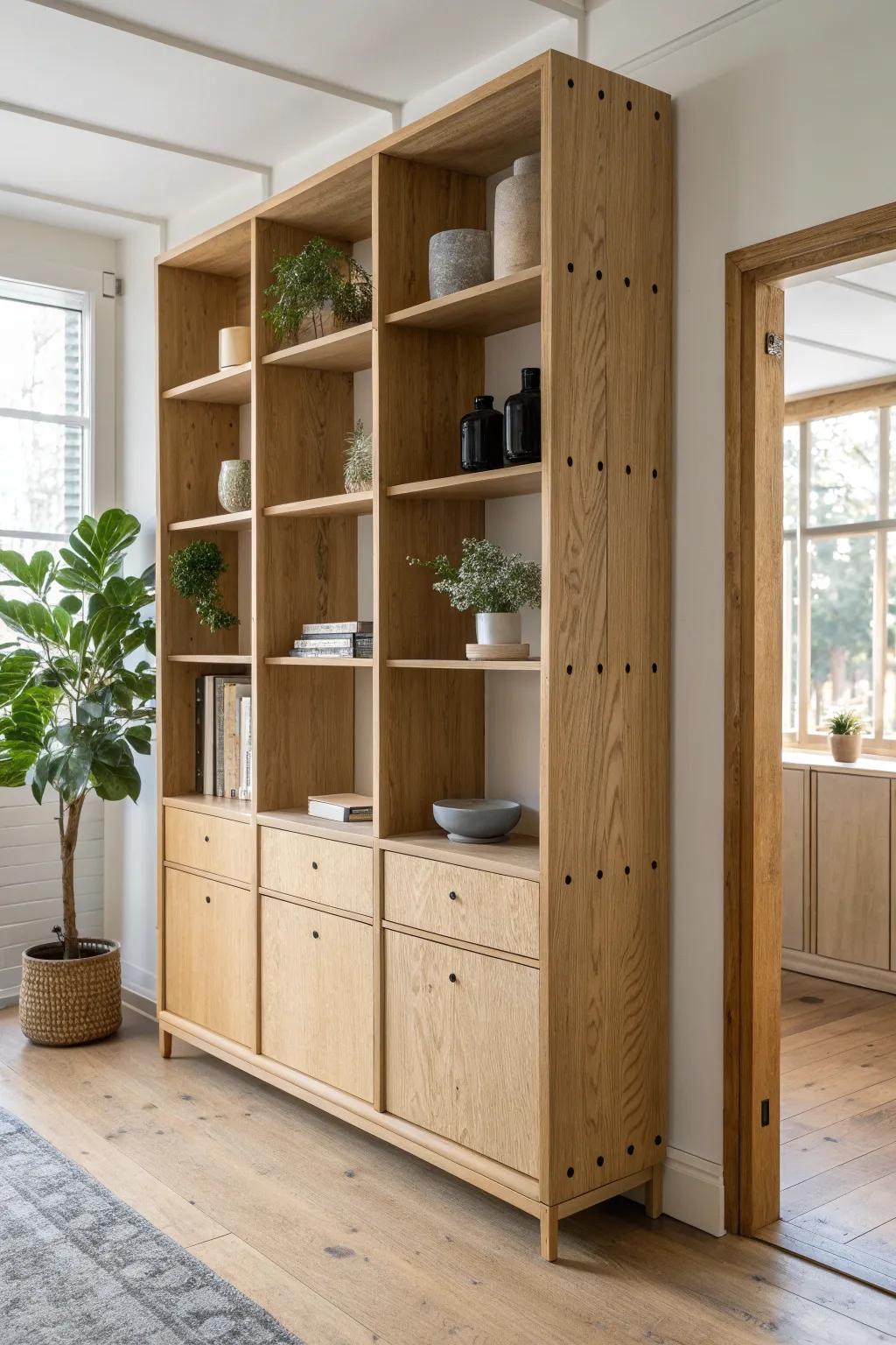 Ceiling-height open shelving divider: airy separation plus adjustable storage in light oak.