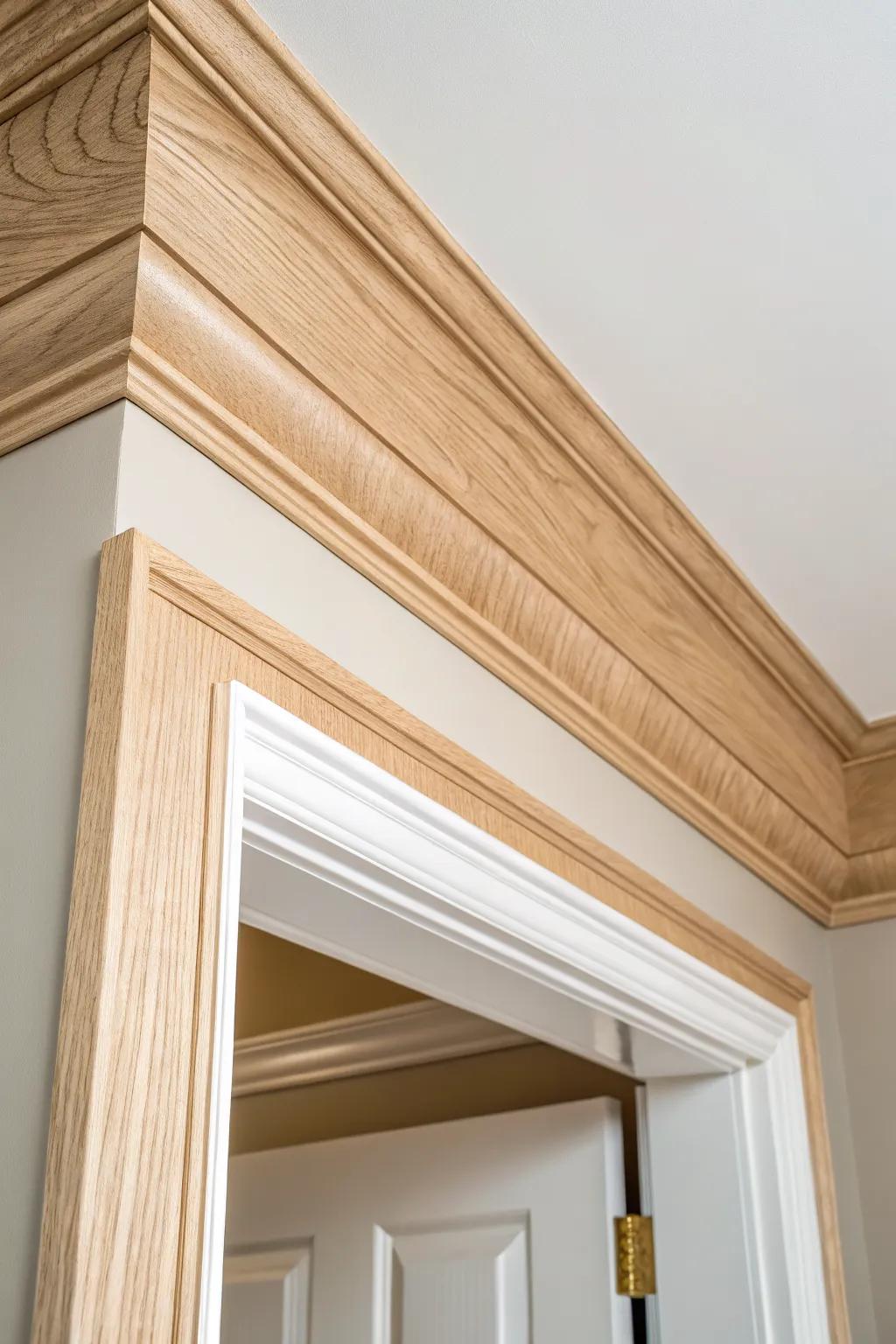 A clean crown molding stop-and-return creates a crisp pause between two open-concept spaces.