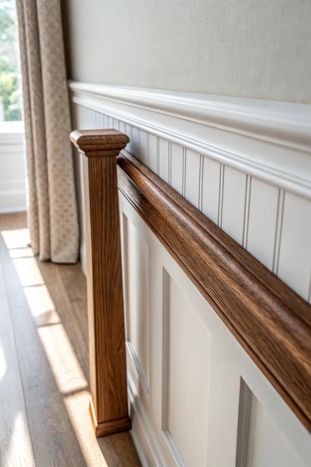 Warm stained chair rail molding adds cozy contrast to light walls with timeless grain.