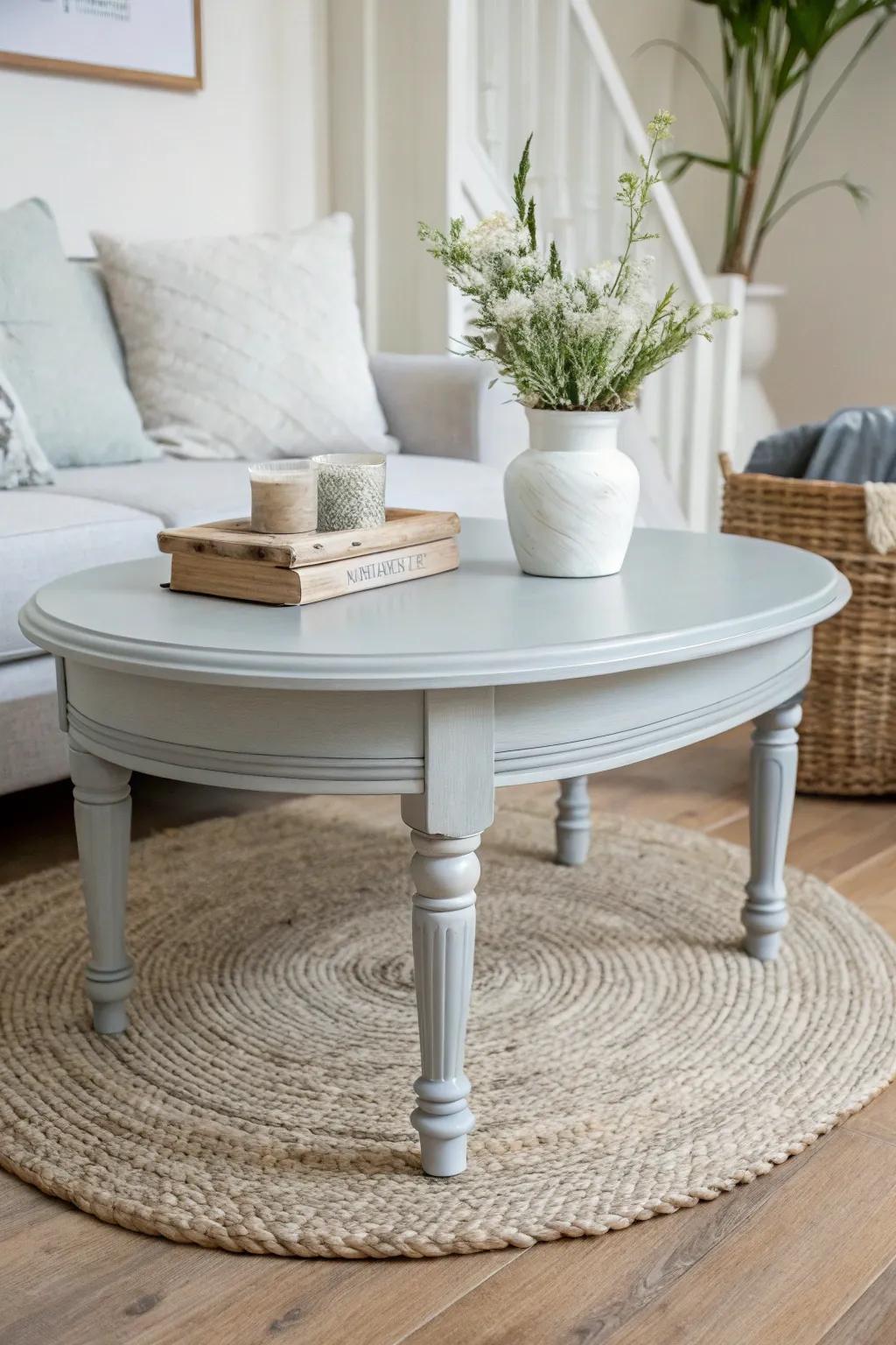 Transform your space with a chic, soft gray chalk-painted coffee table that ties your room together beautifully.
