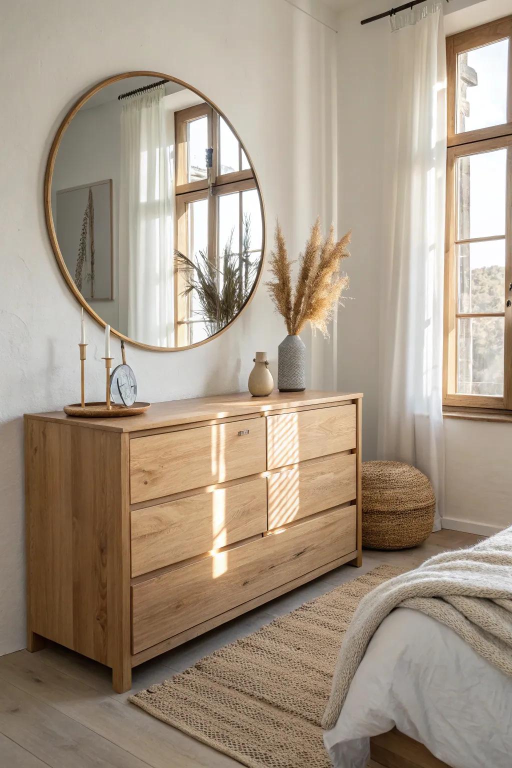 Lean a large mirror behind your wooden chest for effortless layers and brighter, airy light.