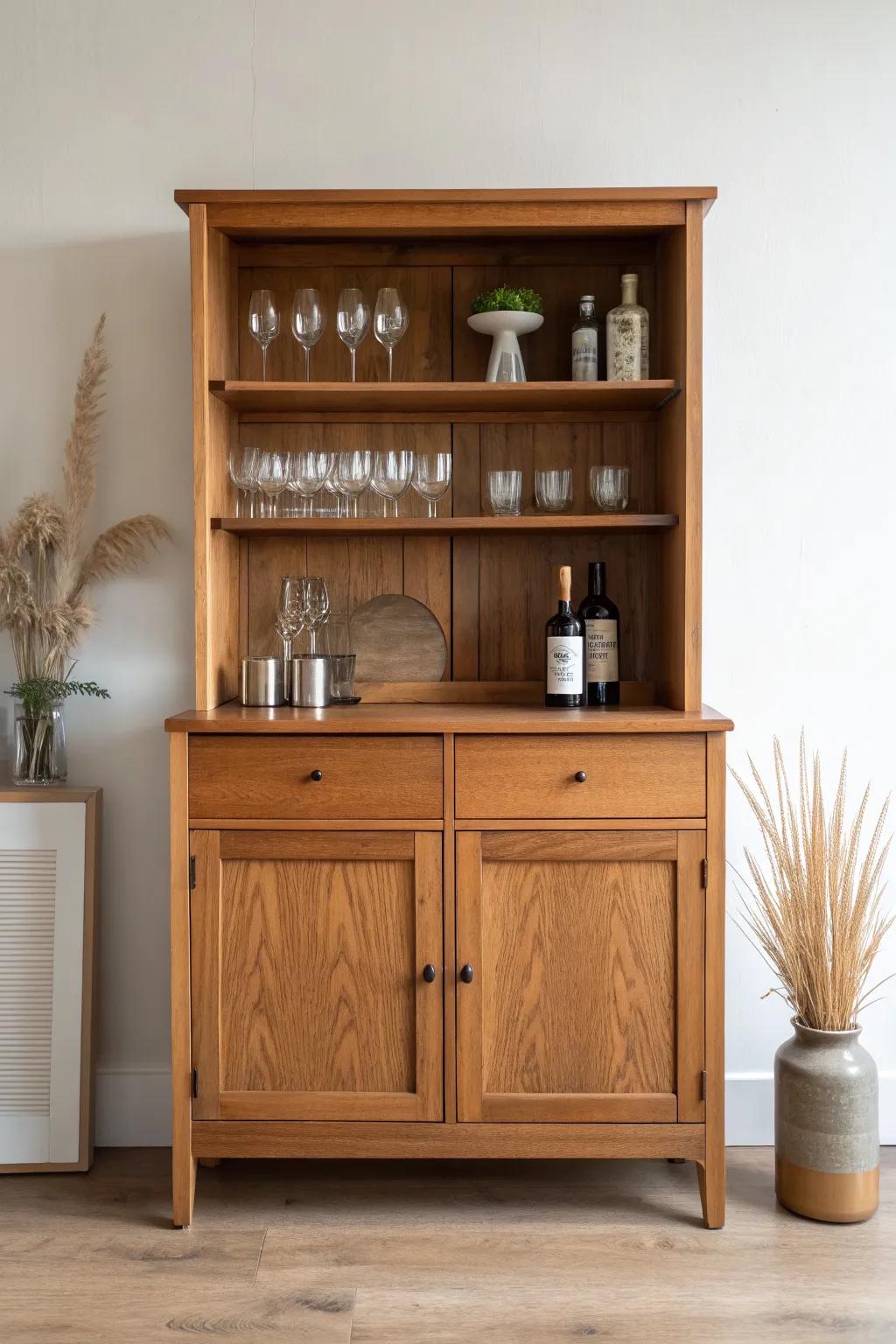 Open-shelf china cabinet bar: lighter, airy styling for easy grab-and-pour moments.