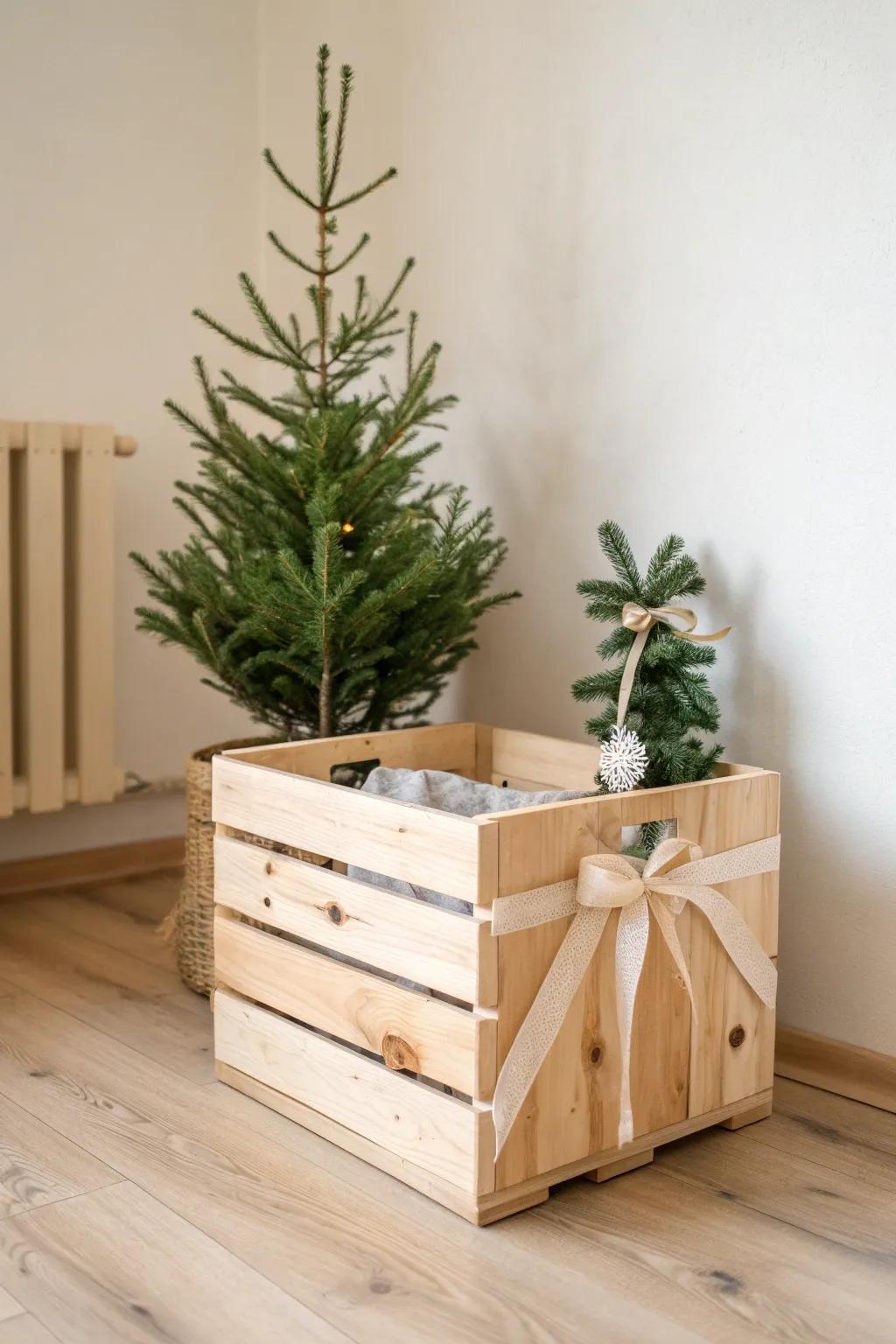 Mini bottlebrush tree in a wooden crate—simple, cozy Christmas styling with natural contrast.