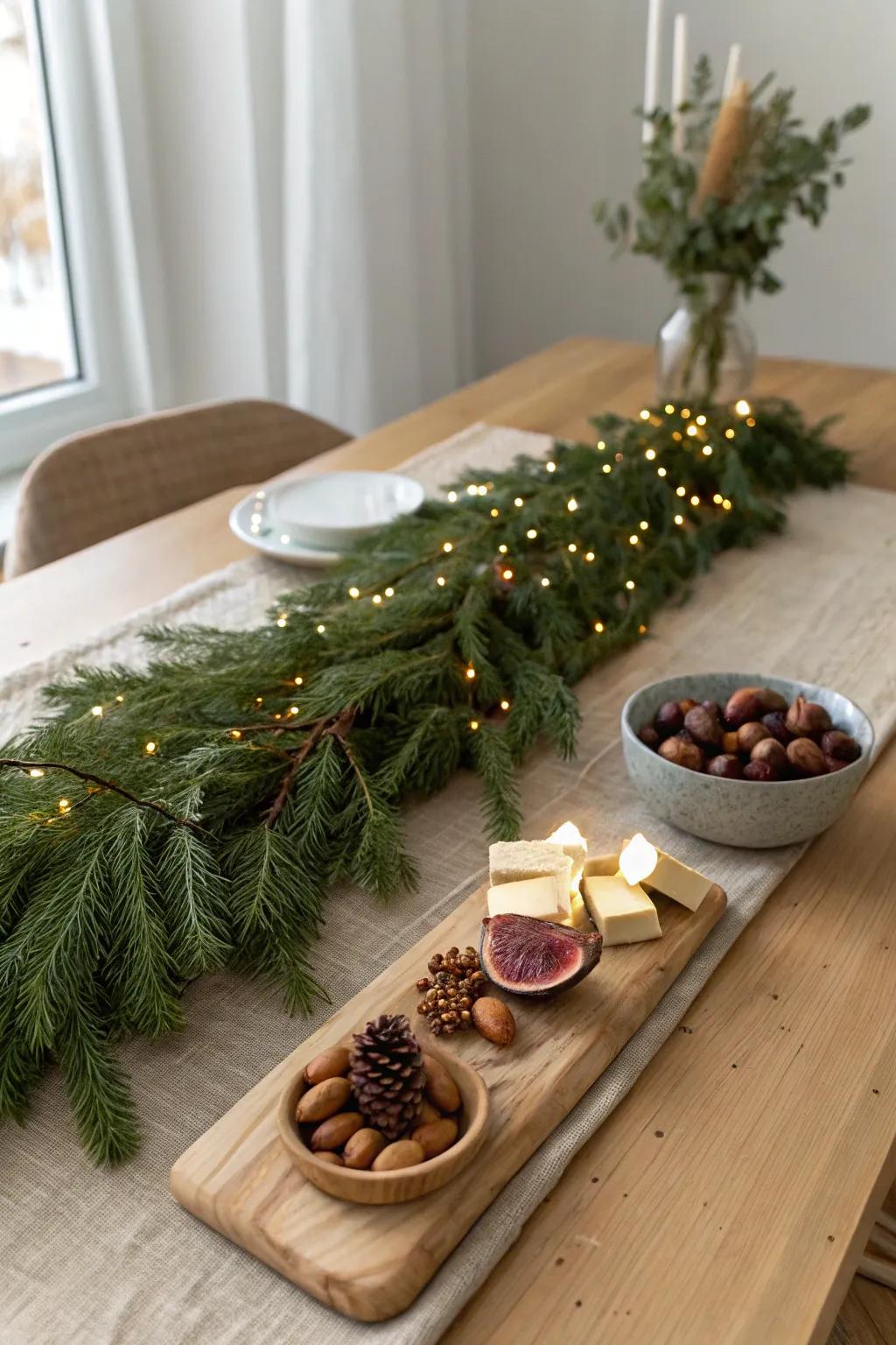 A cozy evergreen garland runner that turns your grazing table into a festive forest.