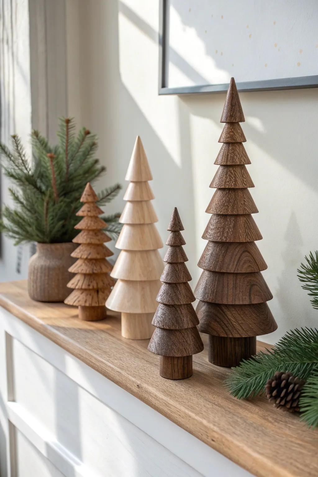 Mini tree trio: three handcrafted wooden trees in mixed heights for effortless shelf balance.