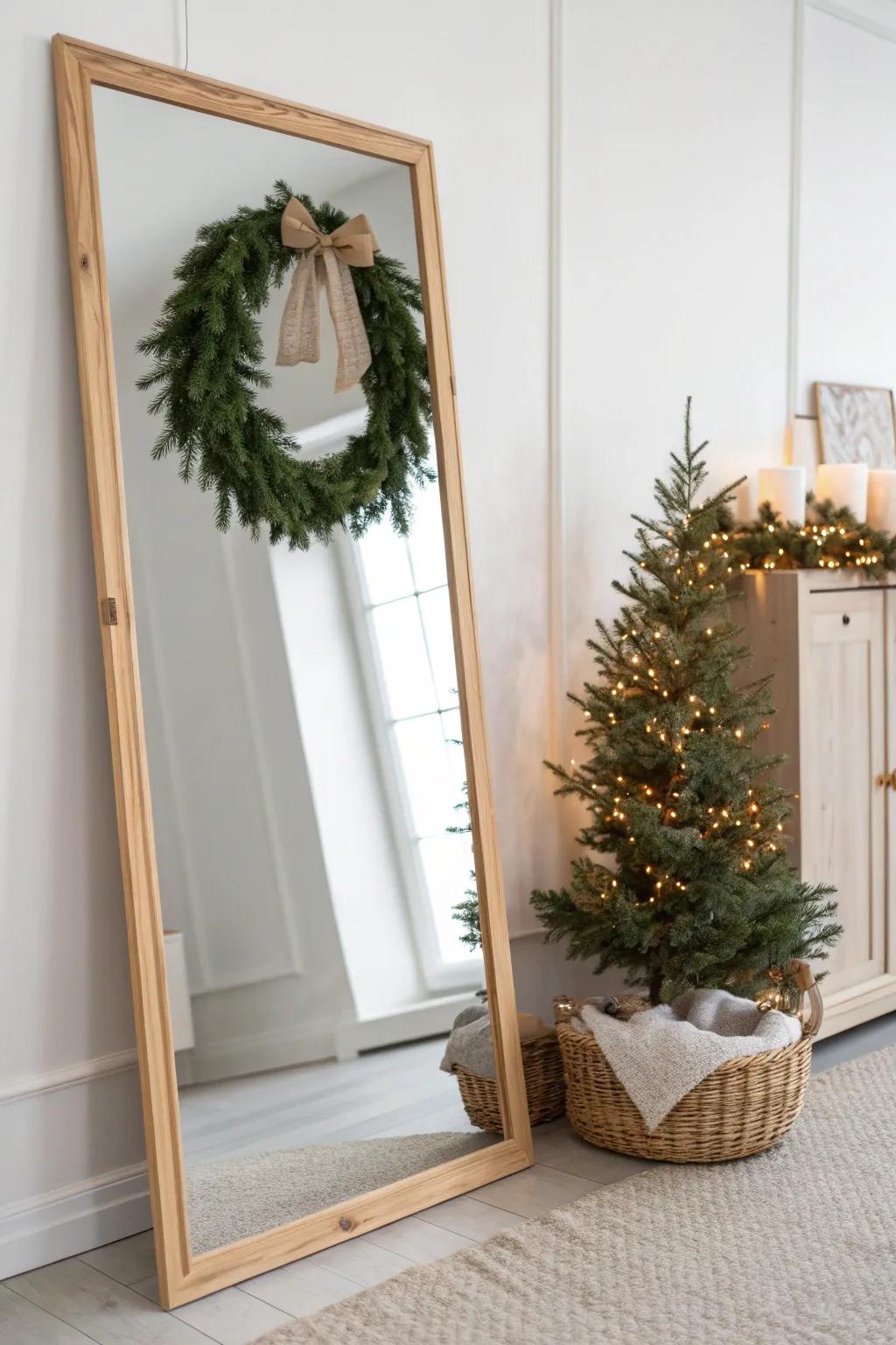 Oak-framed mirror with a centered wreath—minimal, cozy, and perfectly festive.