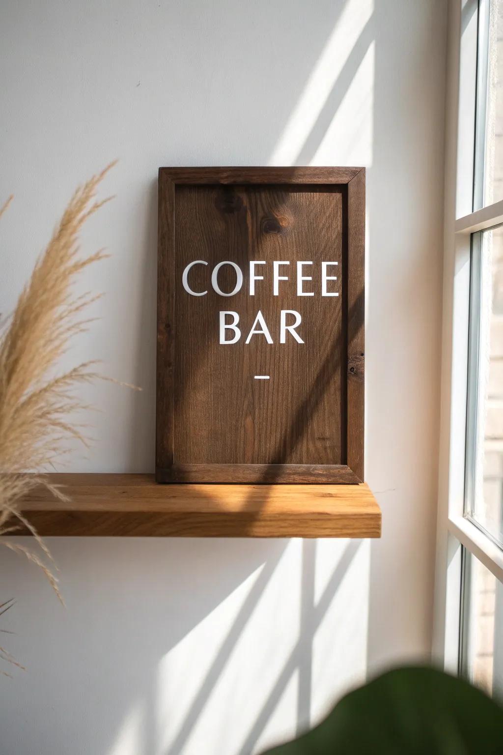 A bold stained-wood “Coffee Bar” sign—simple, welcoming, and easy to spot after service.