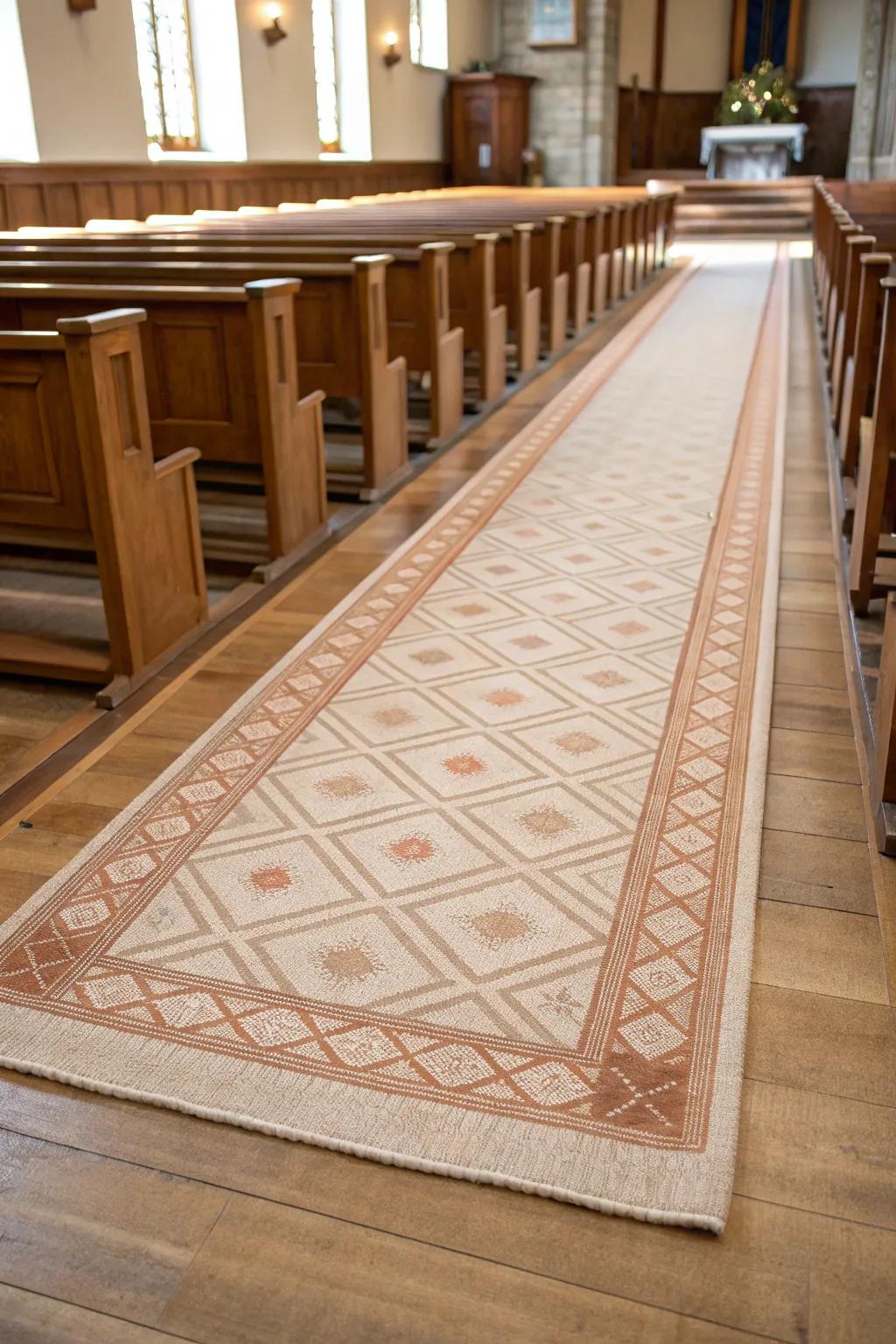 A minimal linen-wool aisle runner that highlights pale oak flooring and guides the eye forward.