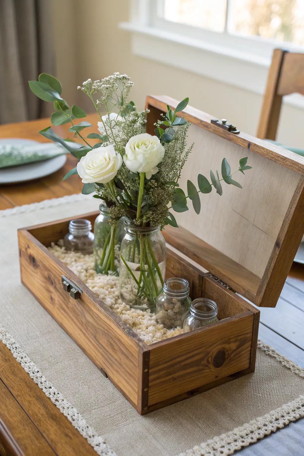 Turn a wooden cigar box into a bud-vase cluster—simple, airy, and beautifully styled.