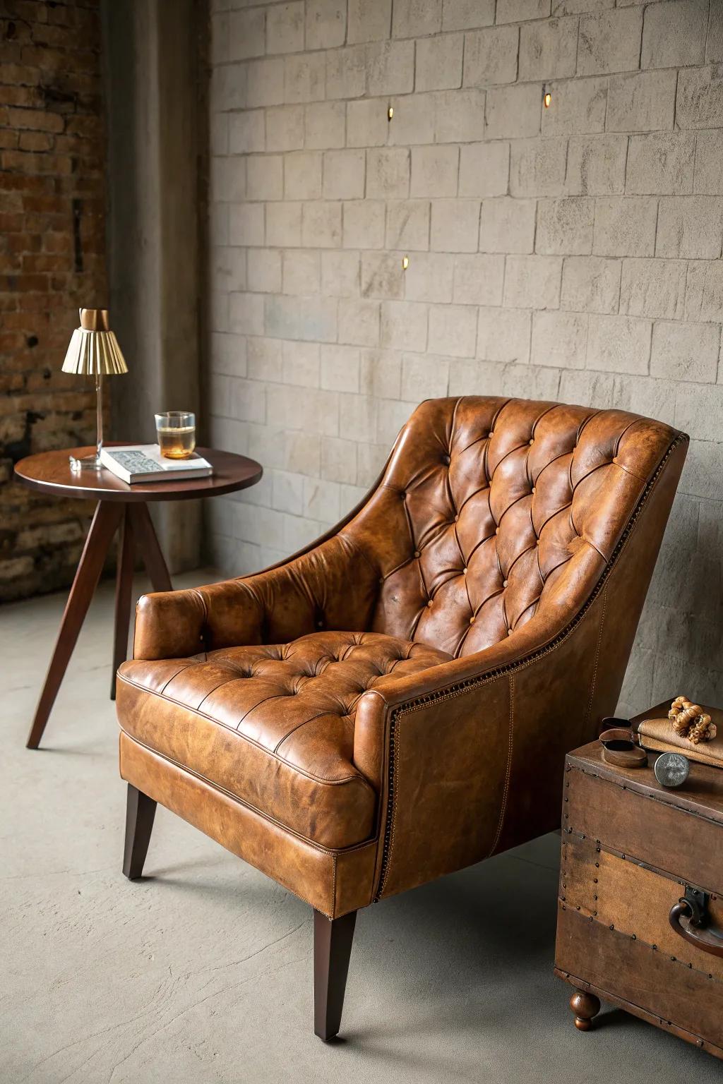 Tufted leather + a solid wood table: a smoke-ready seating anchor made for conversation.