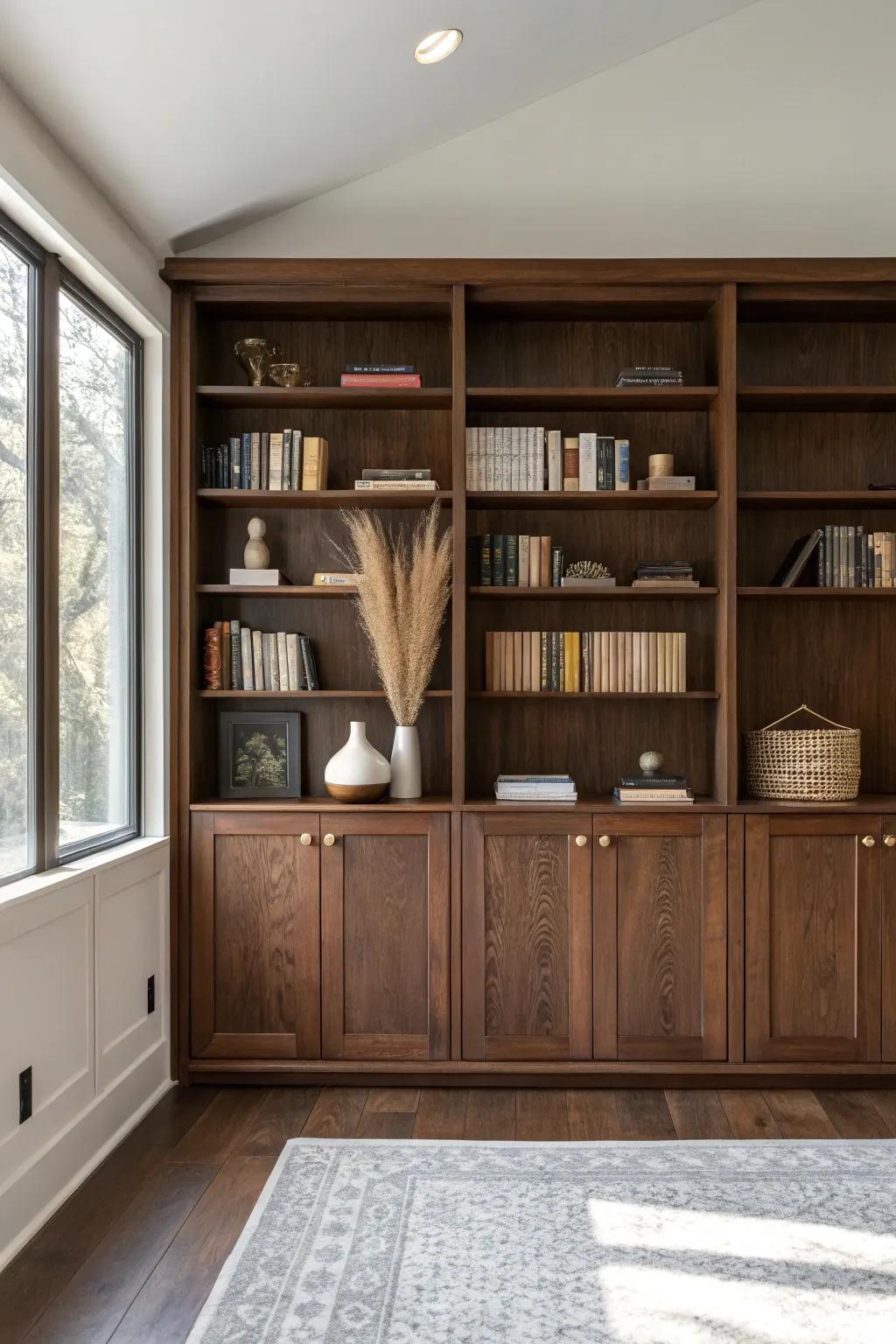 Dark walnut built-in library wall: clean lines, crafted trim, and a collected club-room feel.