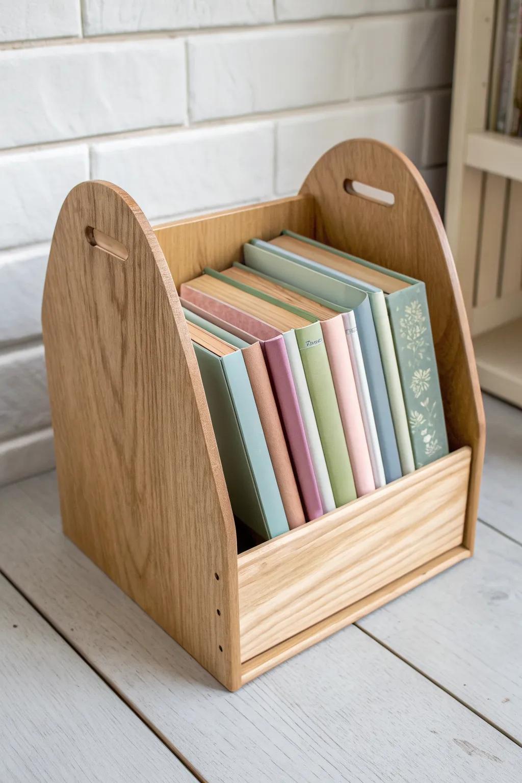 Color-coded oak book bin system—simple, beautiful storage that speeds up classroom cleanup.