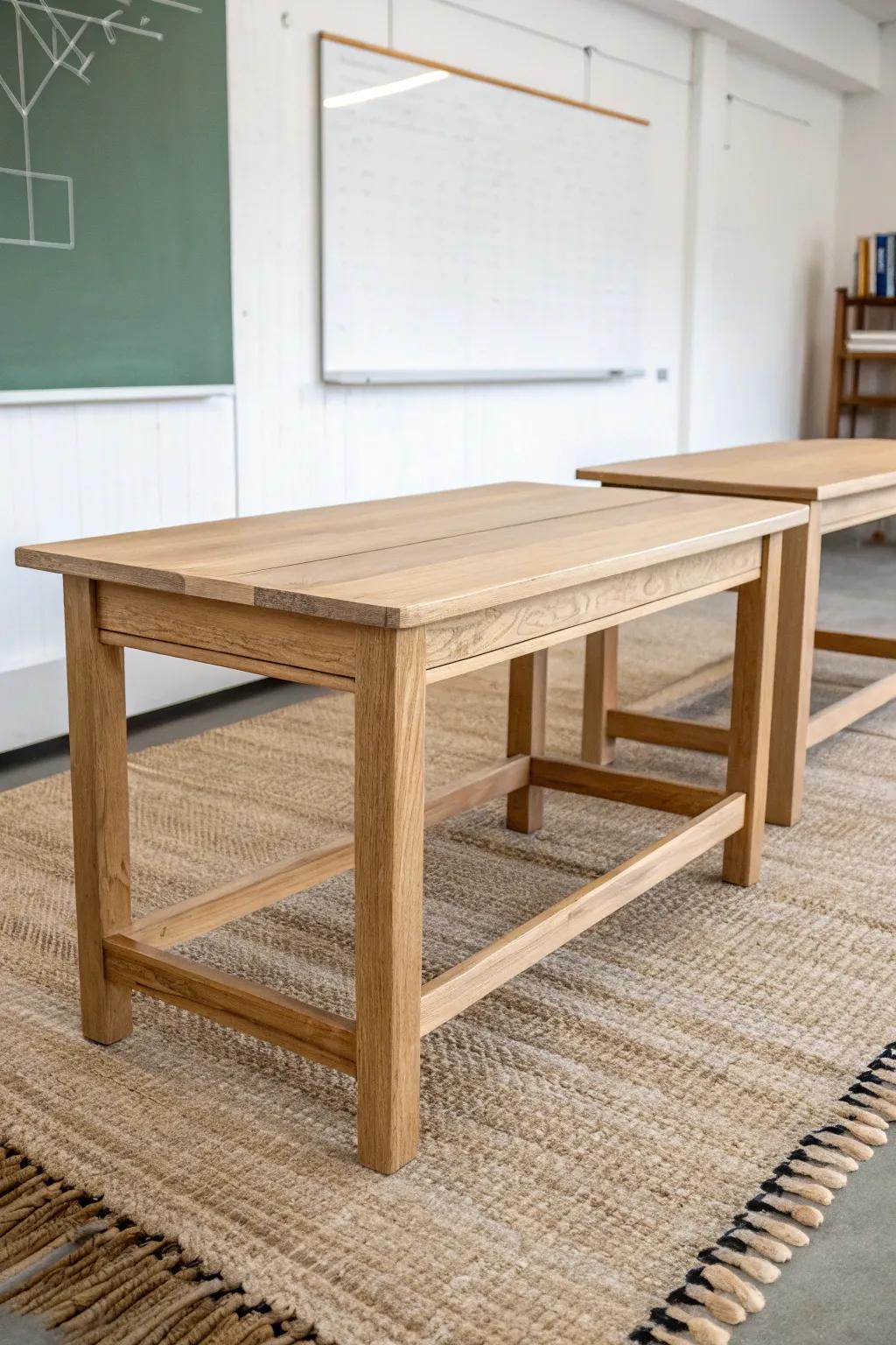 Partner-paired oak tables facing forward—row focus with an instant turn-and-talk setup.