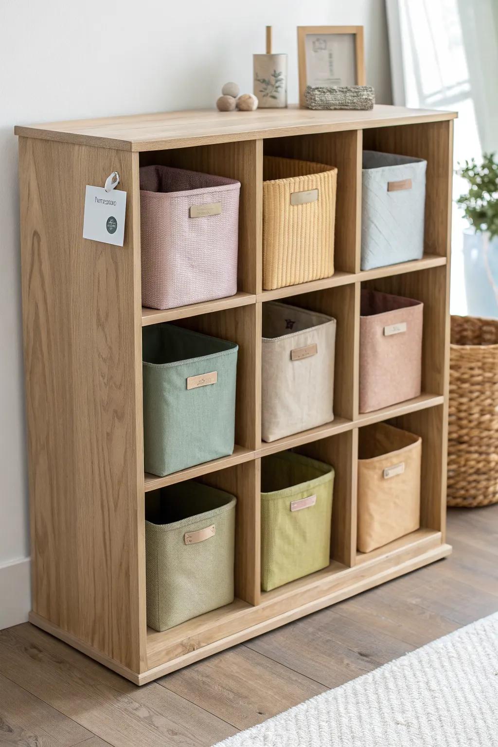 A handcrafted oak cubby grid with uniform openings—perfect for swapping colorful bins by week.