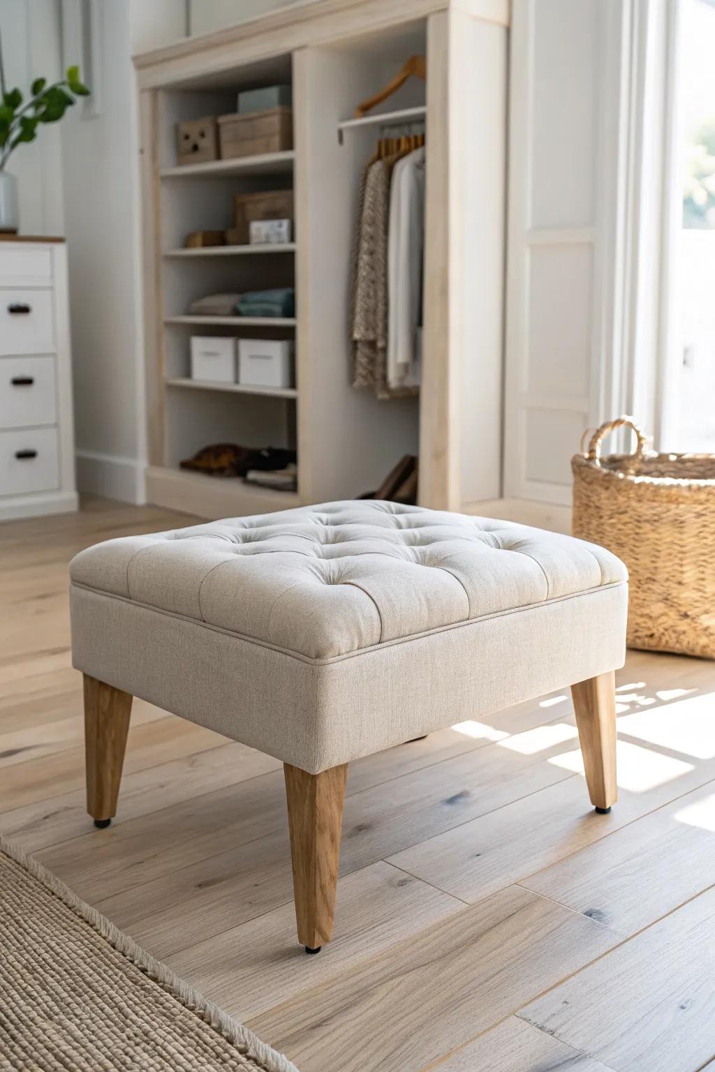 A tufted, oak-framed ottoman creates a boutique center moment for effortless closet seating.
